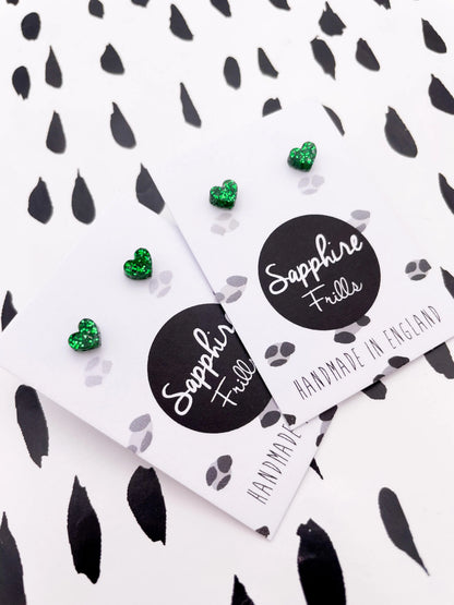Micro Emerald Green Glitter Acrylic Heart Stud Earrings from Sapphire Frills