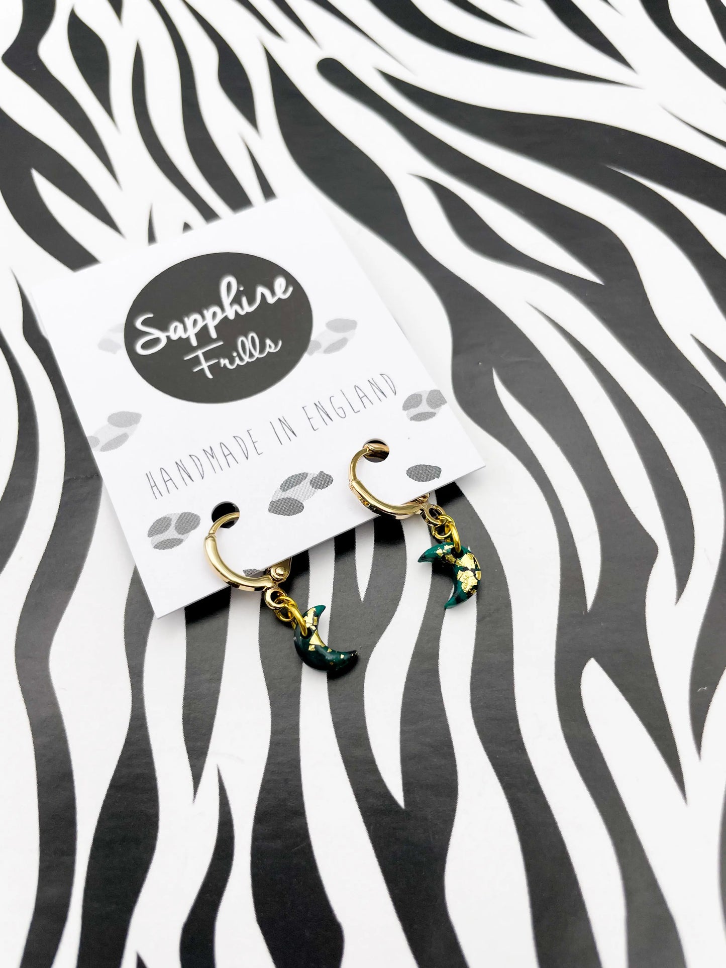 Micro Emerald, Black and Gold Marble Moon Stud Earrings from Sapphire Frills