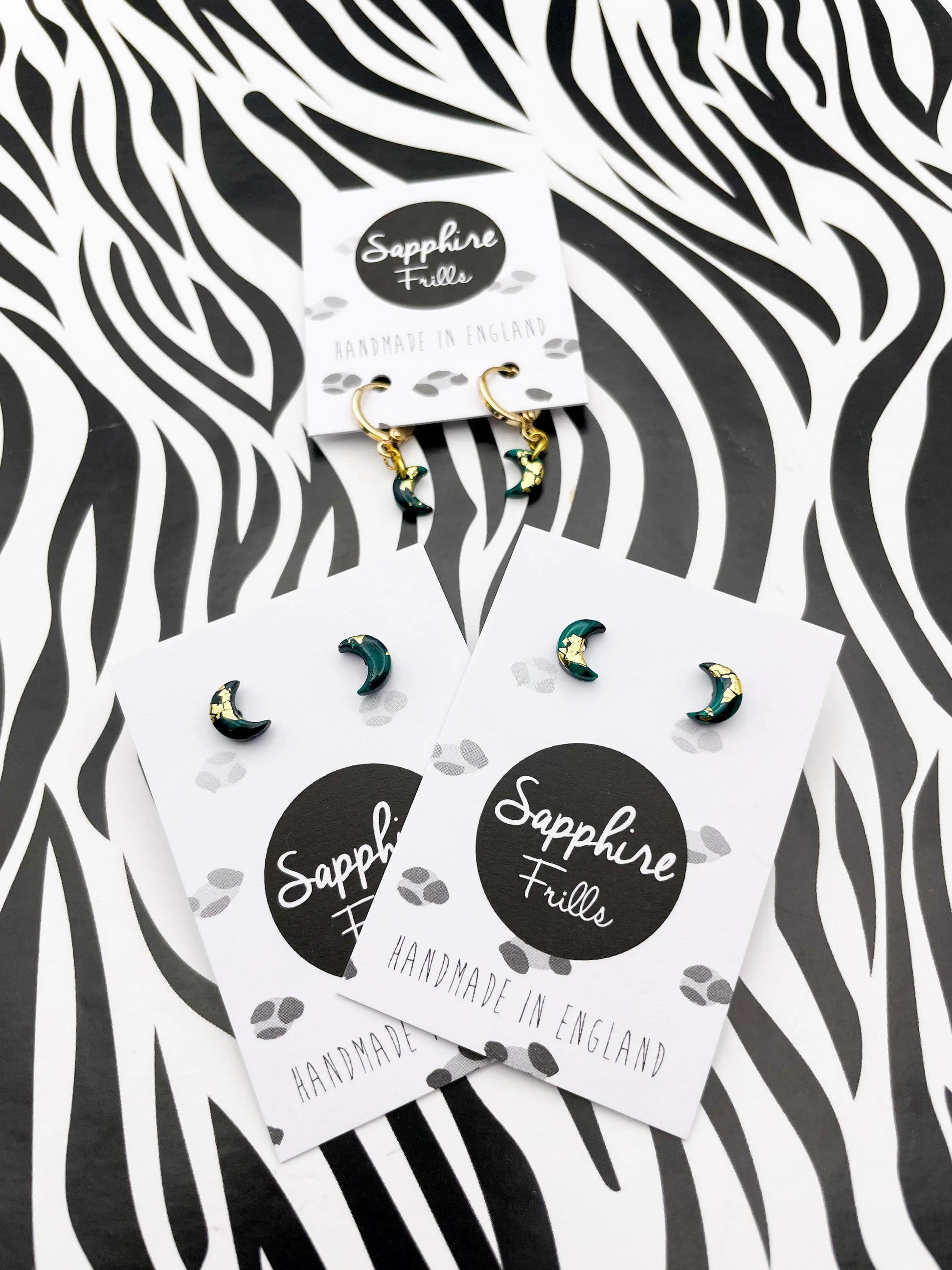 Micro Emerald, Black and Gold Marble Moon Stud Earrings from Sapphire Frills