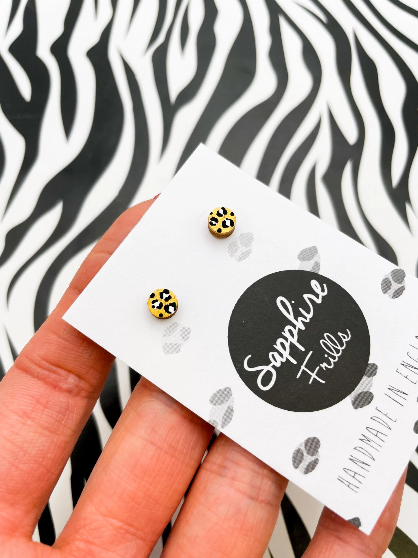 Micro Gold and White Leopard Print Wood Circle Stud Earrings from Sapphire Frills