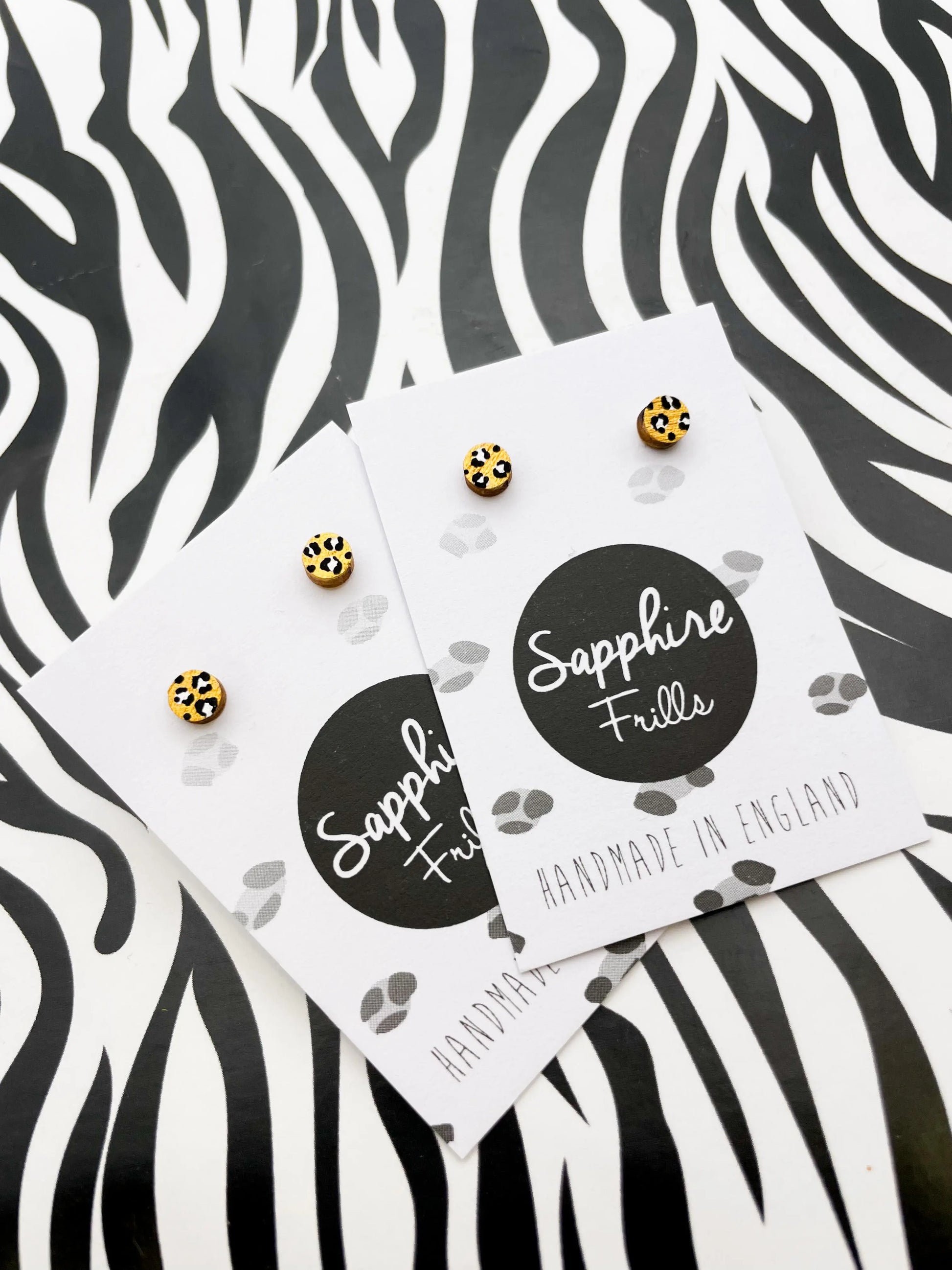 Micro Gold and White Leopard Print Wood Circle Stud Earrings from Sapphire Frills