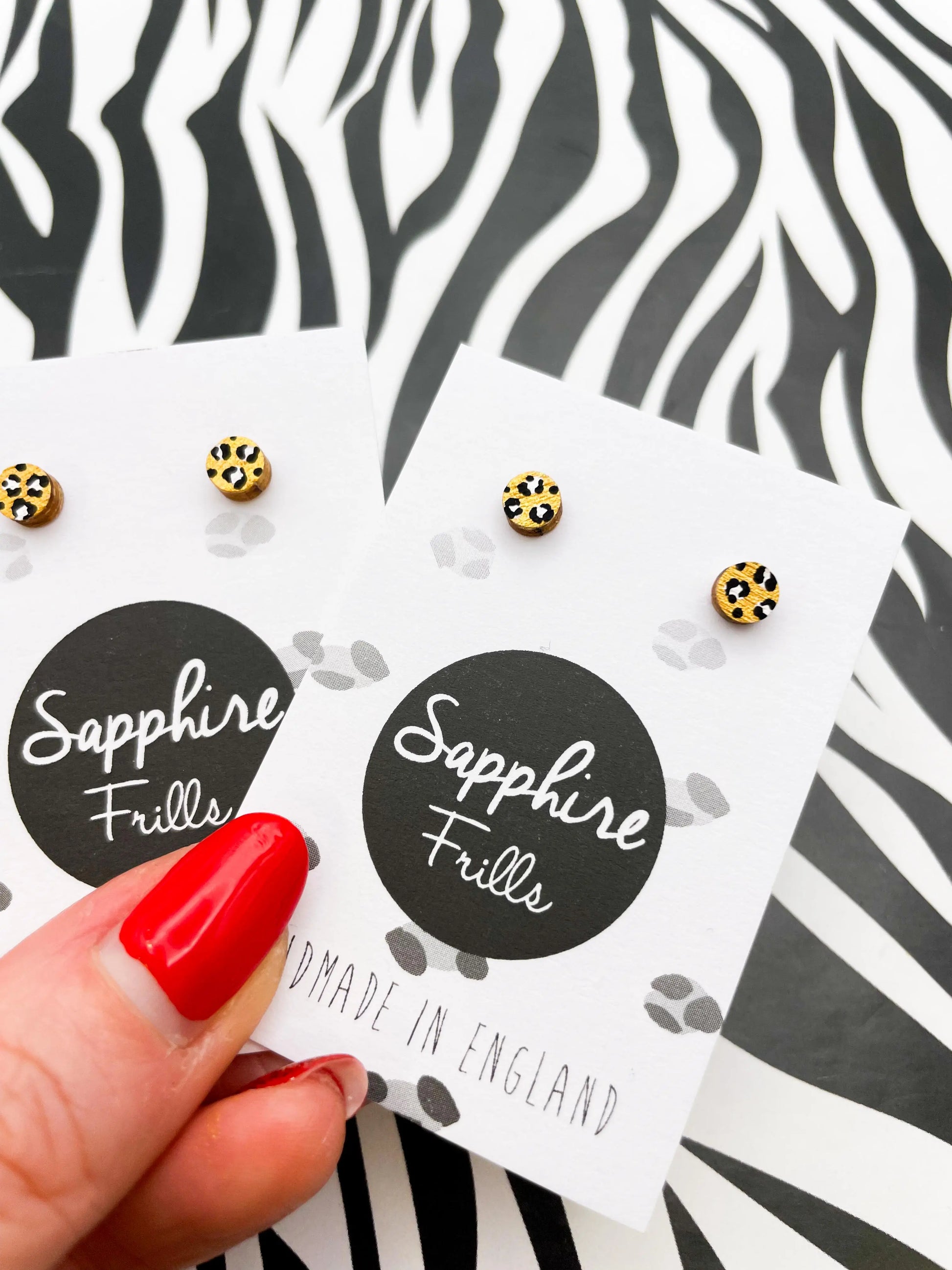 Micro Gold and White Leopard Print Wood Circle Stud Earrings from Sapphire Frills