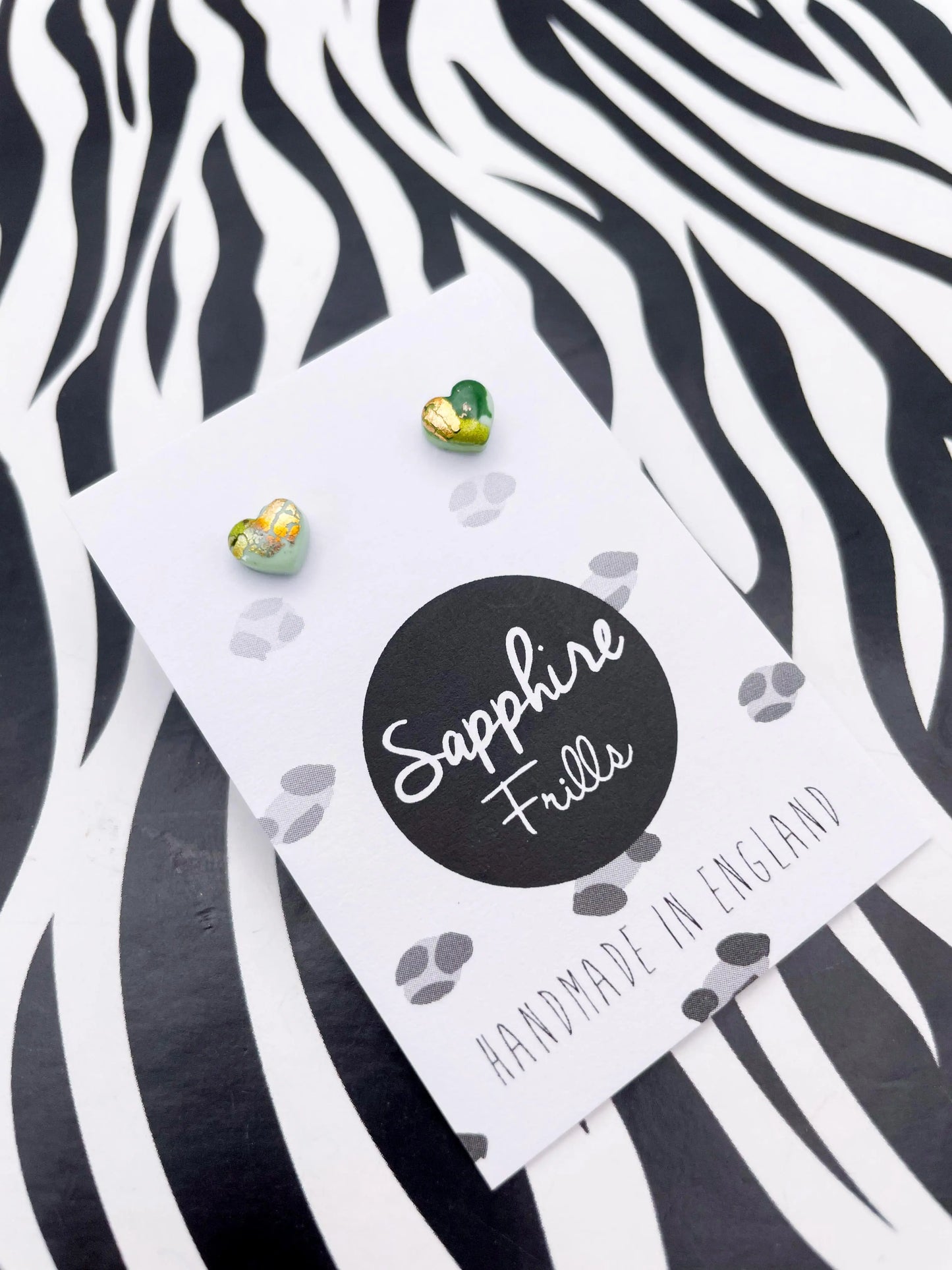 Micro Green Smudge with Snake Print Foil Heart Stud Earrings from Sapphire Frills