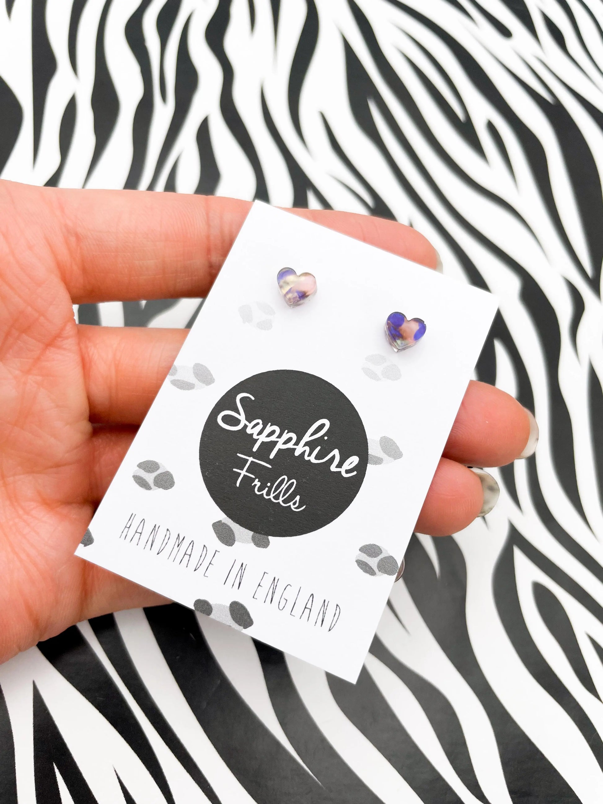 Micro Jungle Blue, Green and Pink Ink Marble Acrylic Heart Stud Earrings from Sapphire Frills