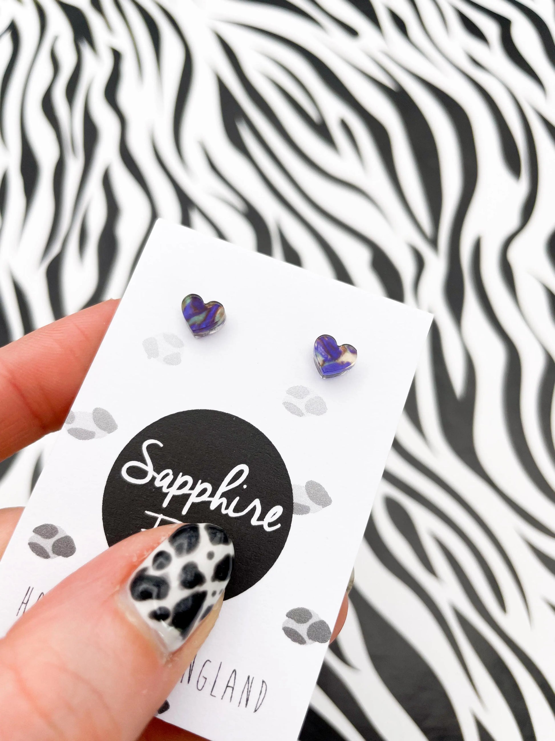 Micro Jungle Blue, Green and Pink Ink Marble Acrylic Heart Stud Earrings from Sapphire Frills