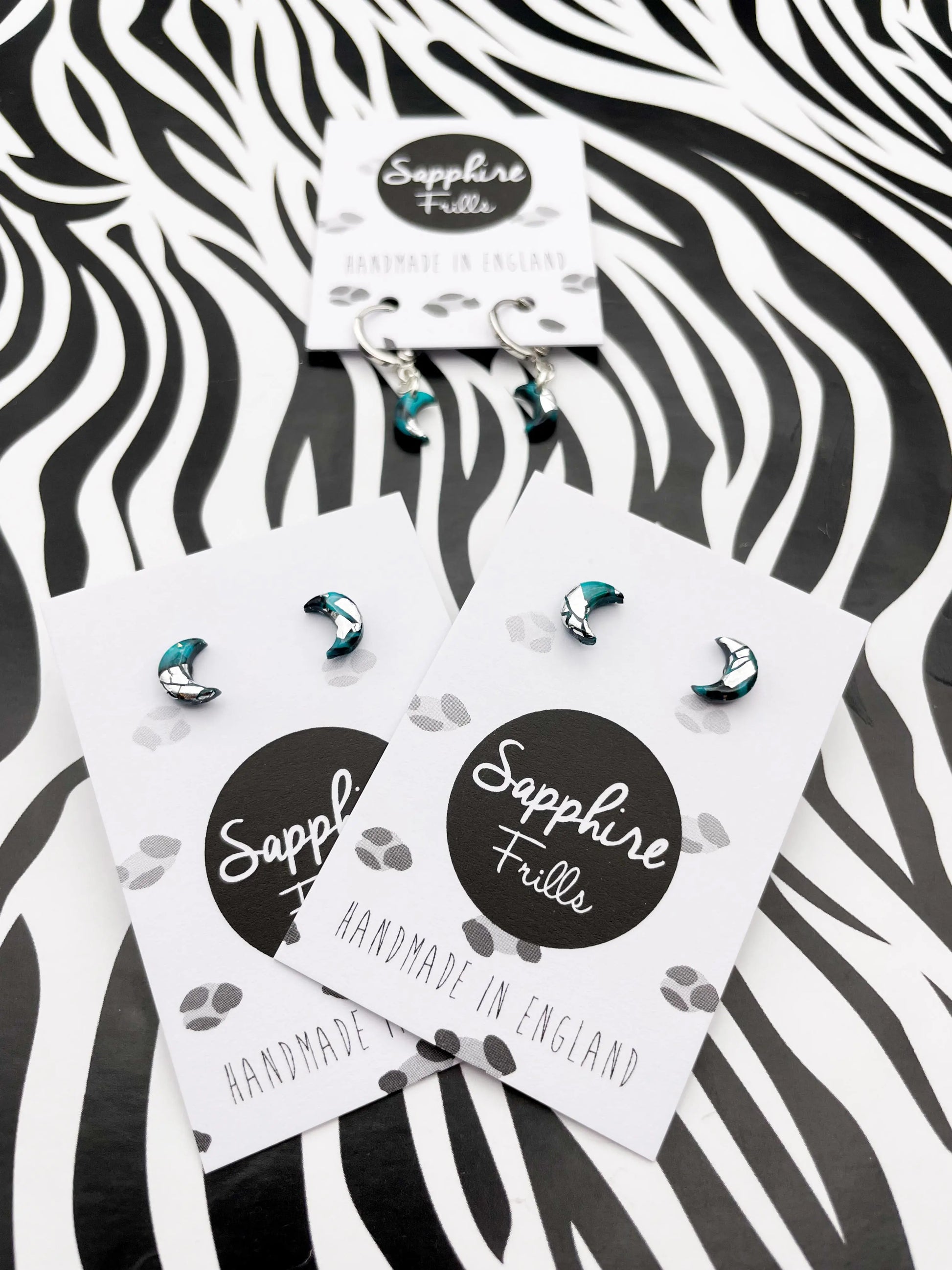 Micro Turquoise, Black and Silver Marble Moon Stud Earrings from Sapphire Frills
