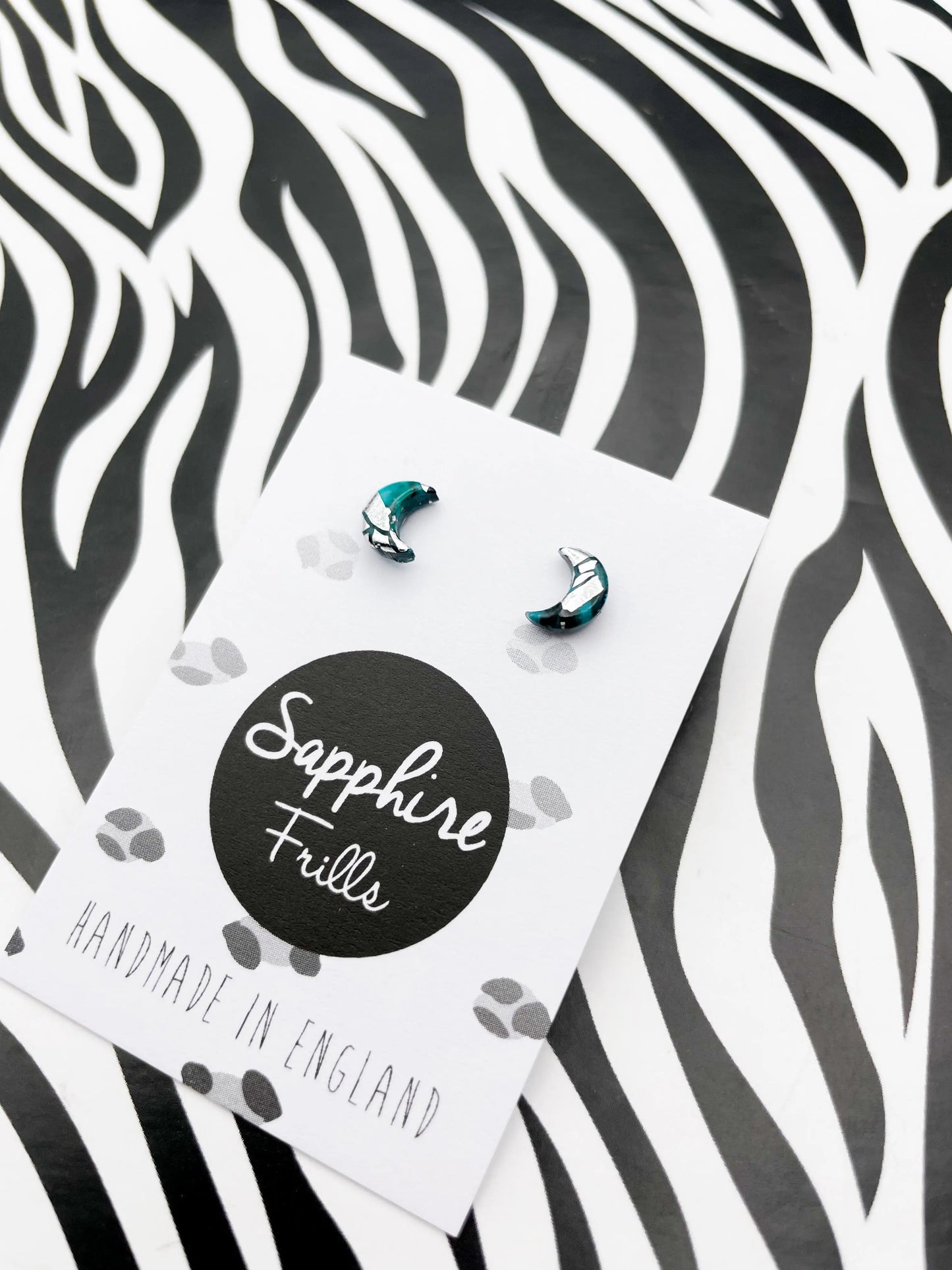 Micro Turquoise, Black and Silver Marble Moon Stud Earrings from Sapphire Frills