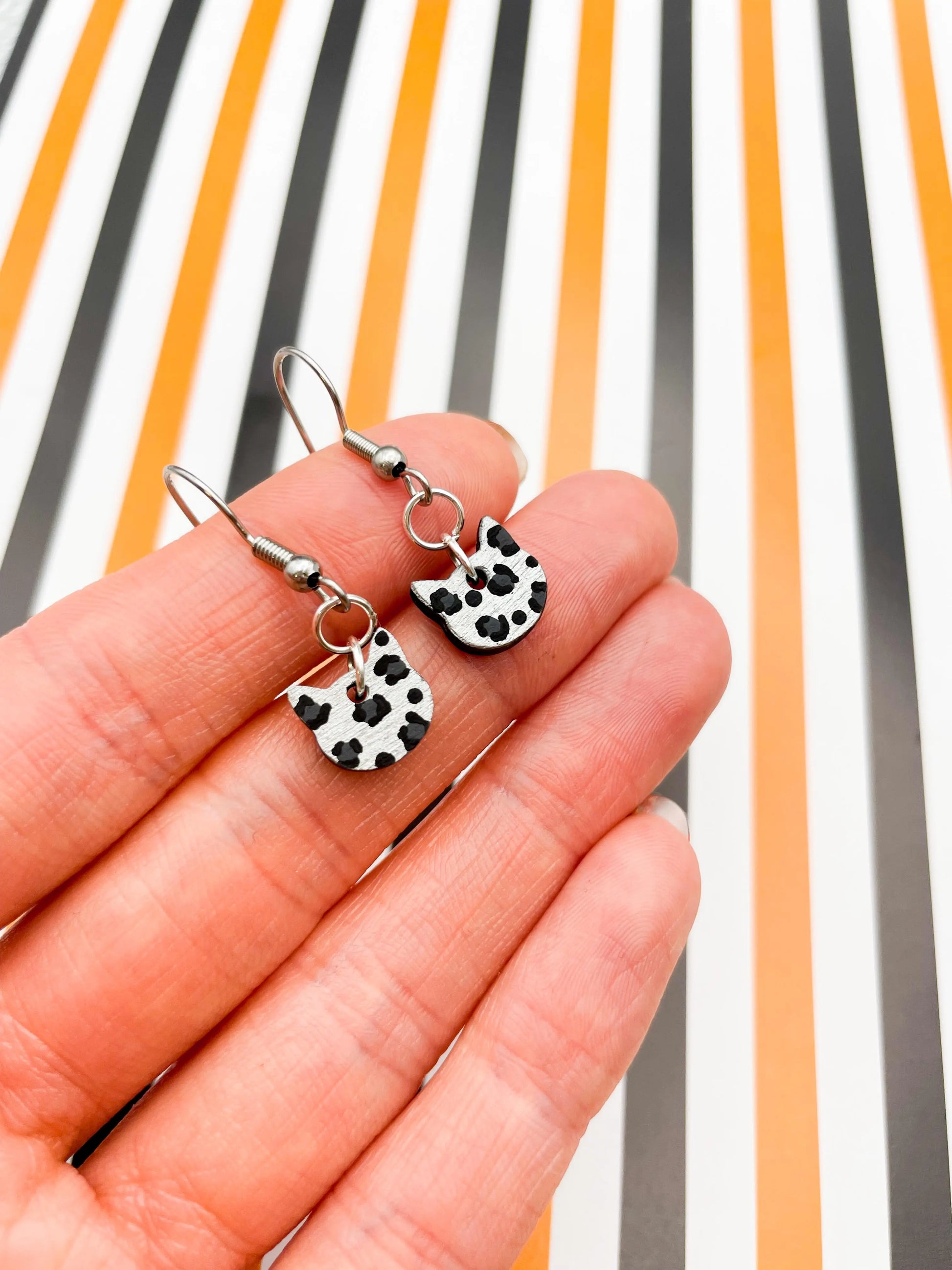Mini Ghosty Leopard Print Cat Head Wooden Dangle Earrings from Sapphire Frills