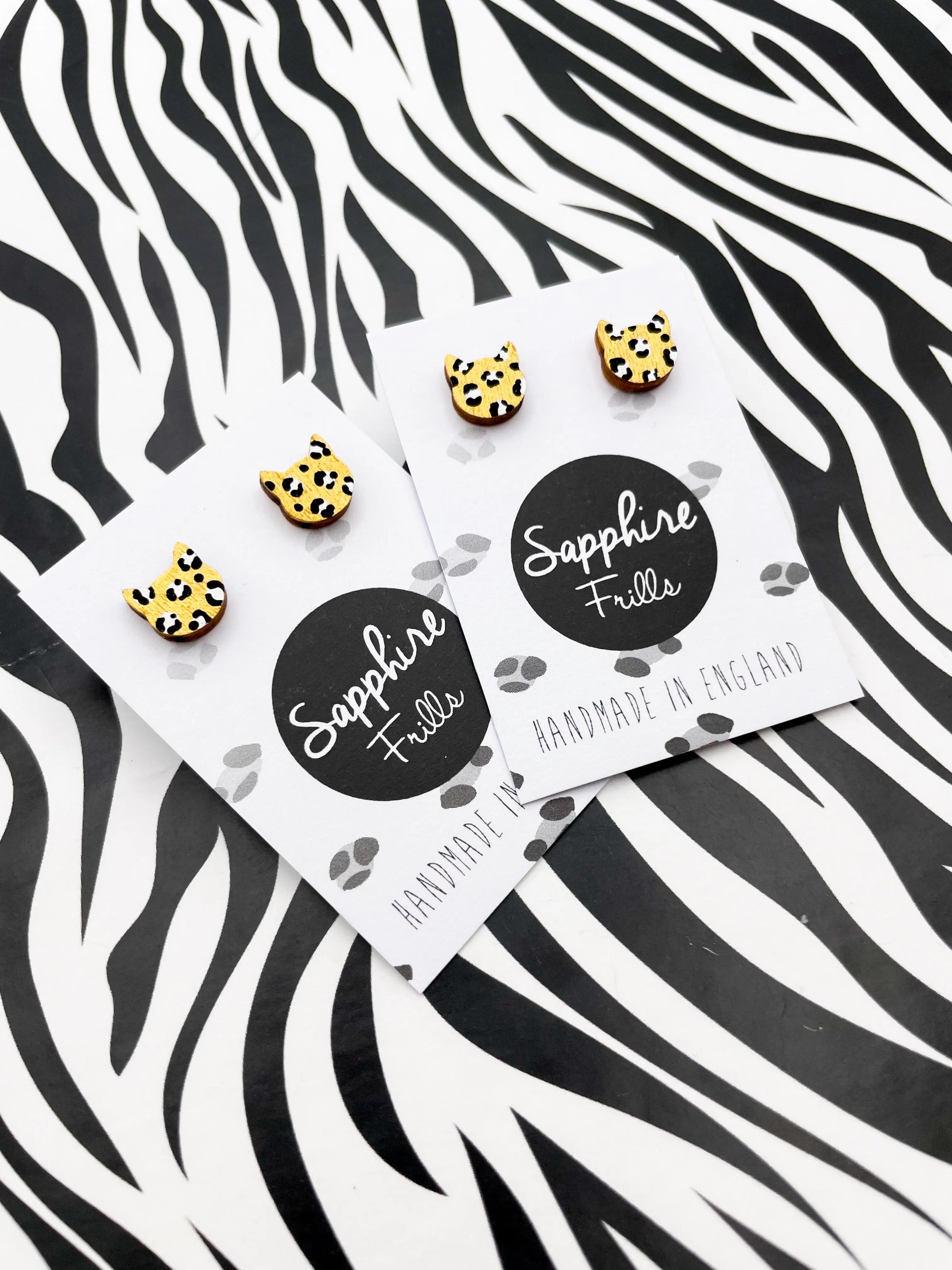 Mini Gold and White Leopard Print Cat Head Wooden Studs from Sapphire Frills