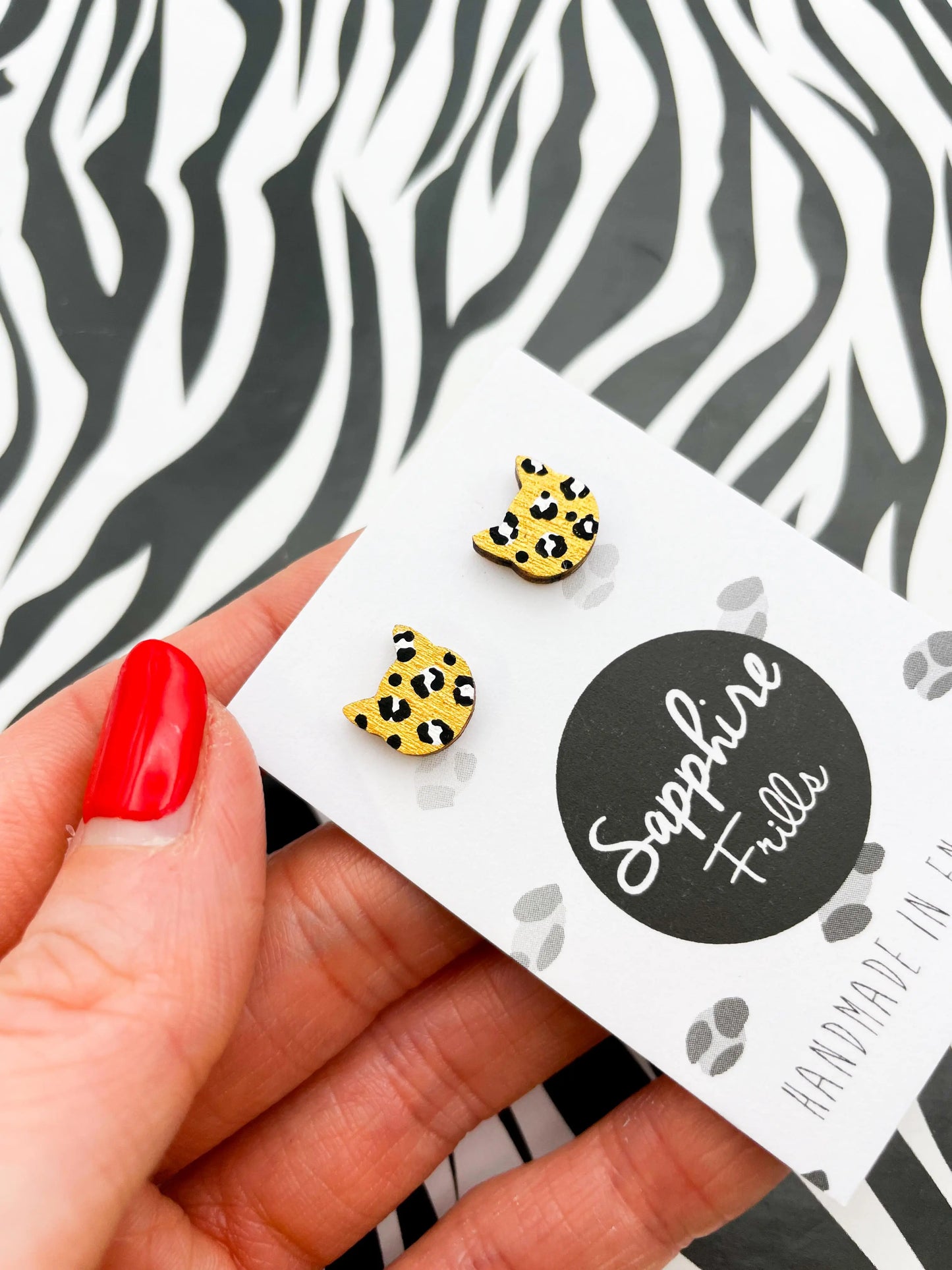 Mini Gold and White Leopard Print Cat Head Wooden Studs from Sapphire Frills