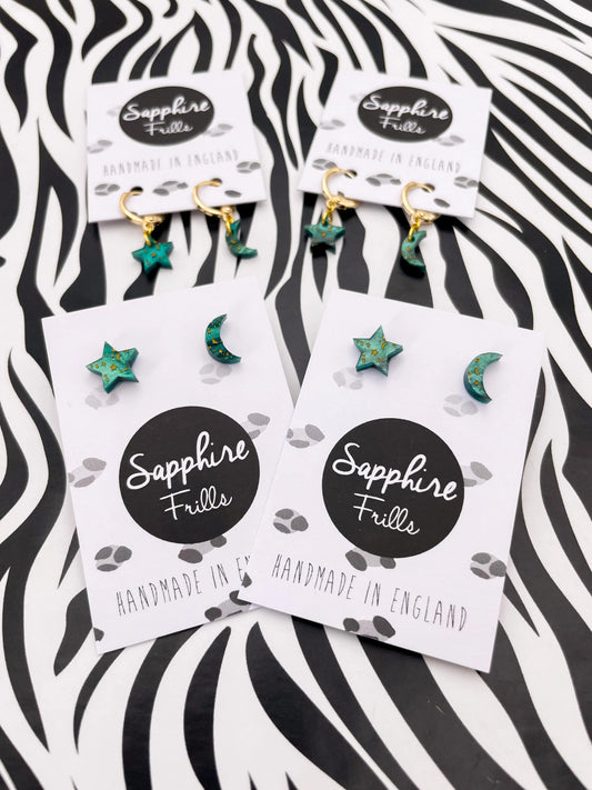 Mini Green Galaxy Glitter Marble and Gold Starry Acrylic Mismatch Star and Moon Hoops from Sapphire Frills