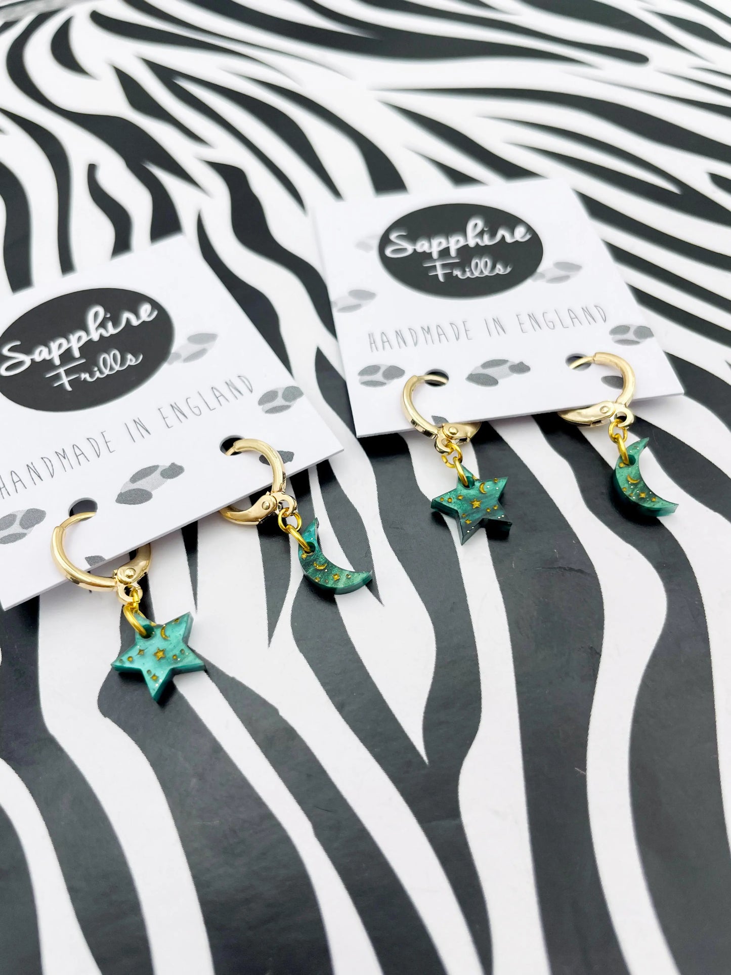 Mini Green Galaxy Glitter Marble and Gold Starry Acrylic Mismatch Star and Moon Hoops from Sapphire Frills
