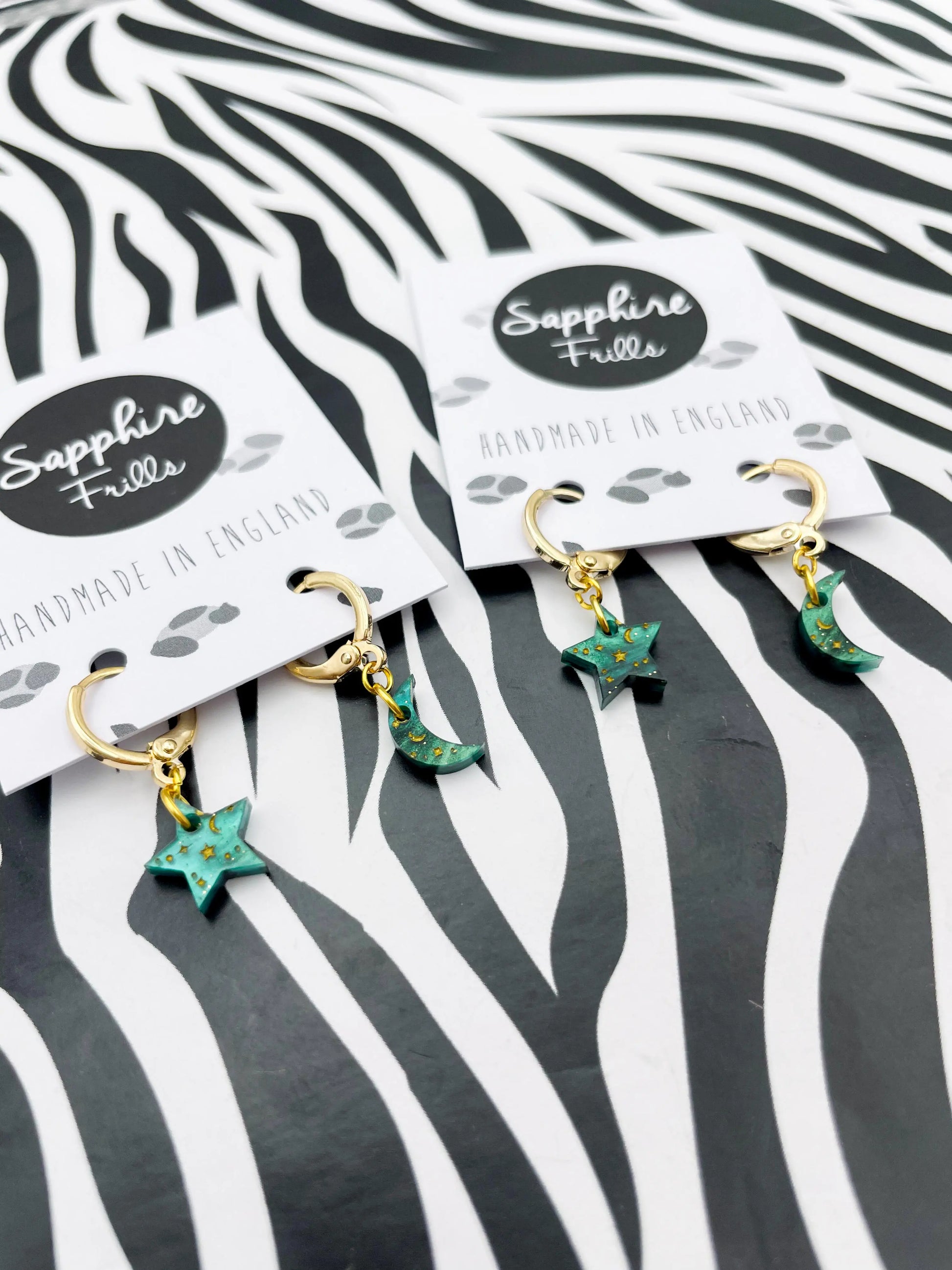 Mini Green Galaxy Glitter Marble and Gold Starry Acrylic Mismatch Star and Moon Hoops from Sapphire Frills