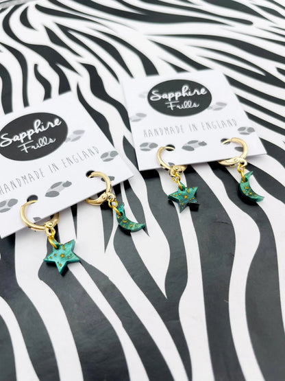 Mini Green Galaxy Glitter Marble and Gold Starry Acrylic Mismatch Star and Moon Hoops from Sapphire Frills