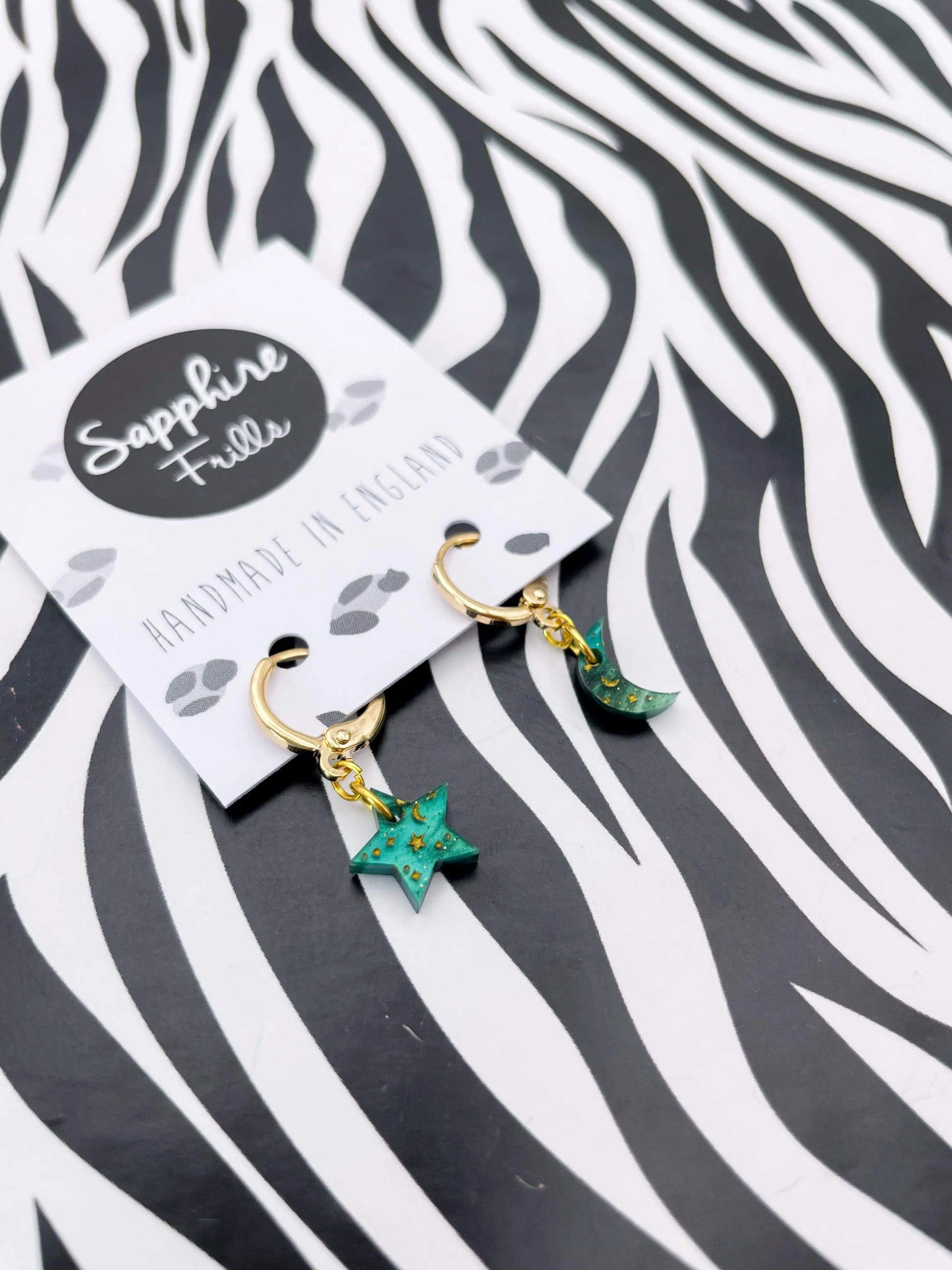 Mini Green Galaxy Glitter Marble and Gold Starry Acrylic Mismatch Star and Moon Hoops from Sapphire Frills