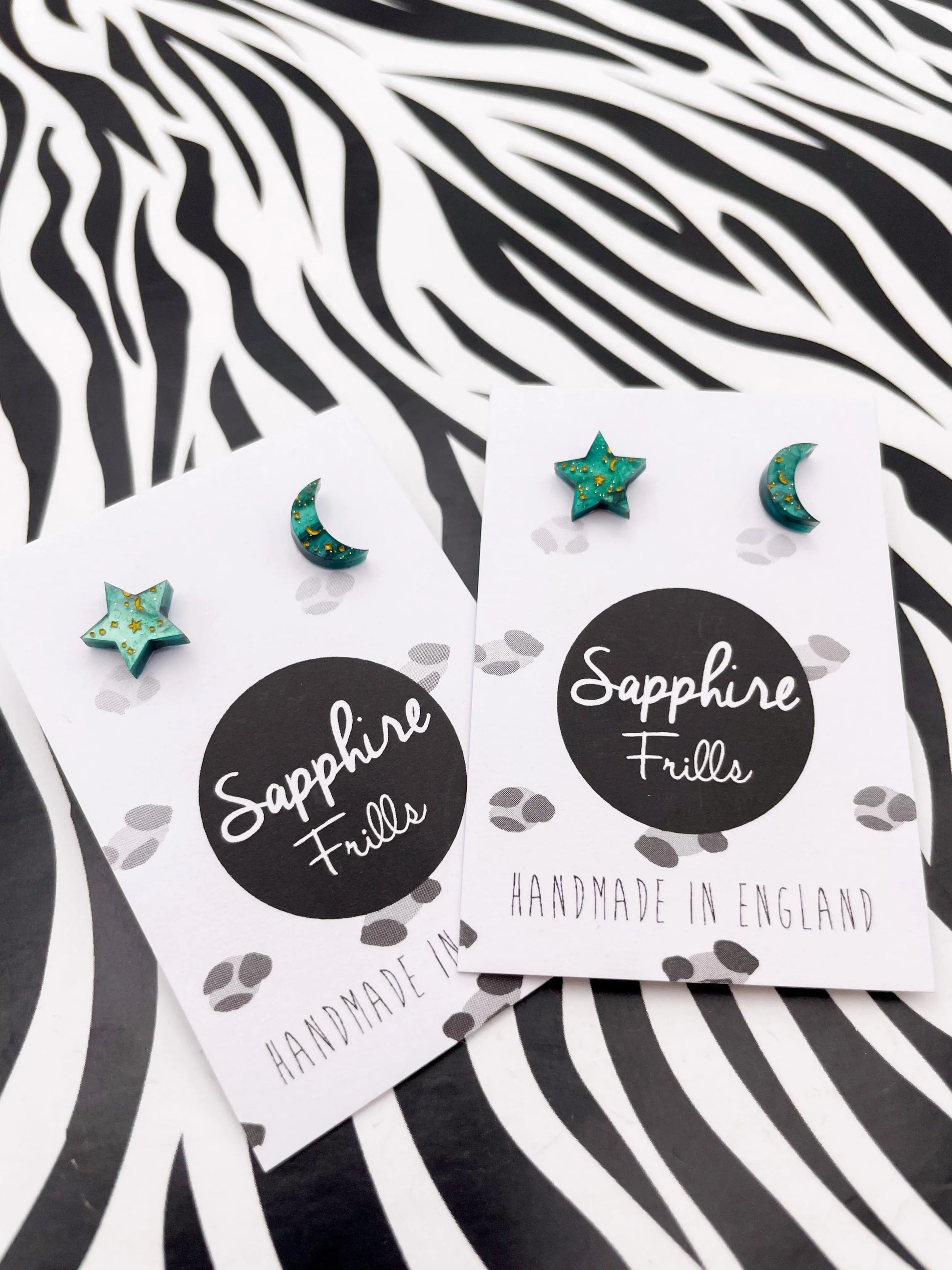 Mini Green Galaxy Glitter Marble and Gold Starry Acrylic Mismatch Star and Moon Studs from Sapphire Frills