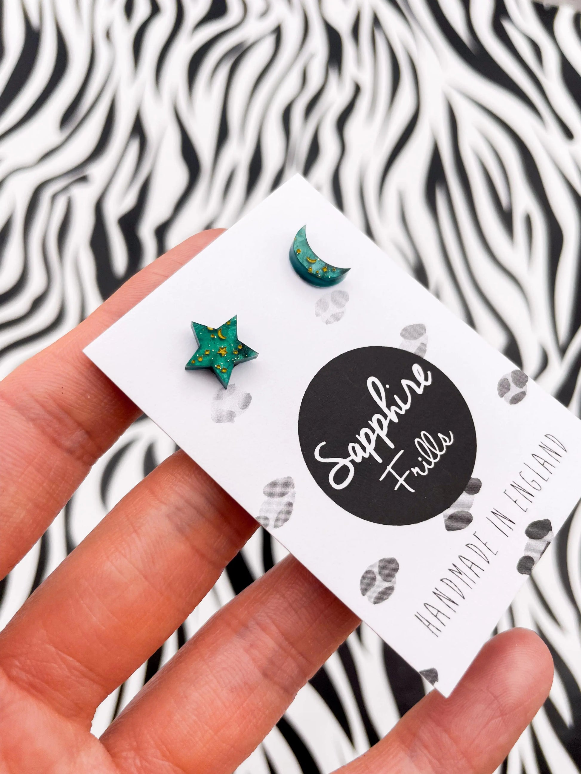 Mini Green Galaxy Glitter Marble and Gold Starry Acrylic Mismatch Star and Moon Studs from Sapphire Frills