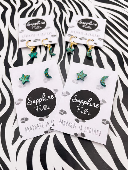 Mini Green Galaxy Glitter Marble and Gold Starry Acrylic Mismatch Star and Moon Studs from Sapphire Frills