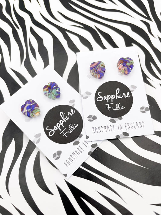 Mini Jungle Blue, Green and Pink Ink Marble Acrylic Monstera Leaf Studs from Sapphire Frills