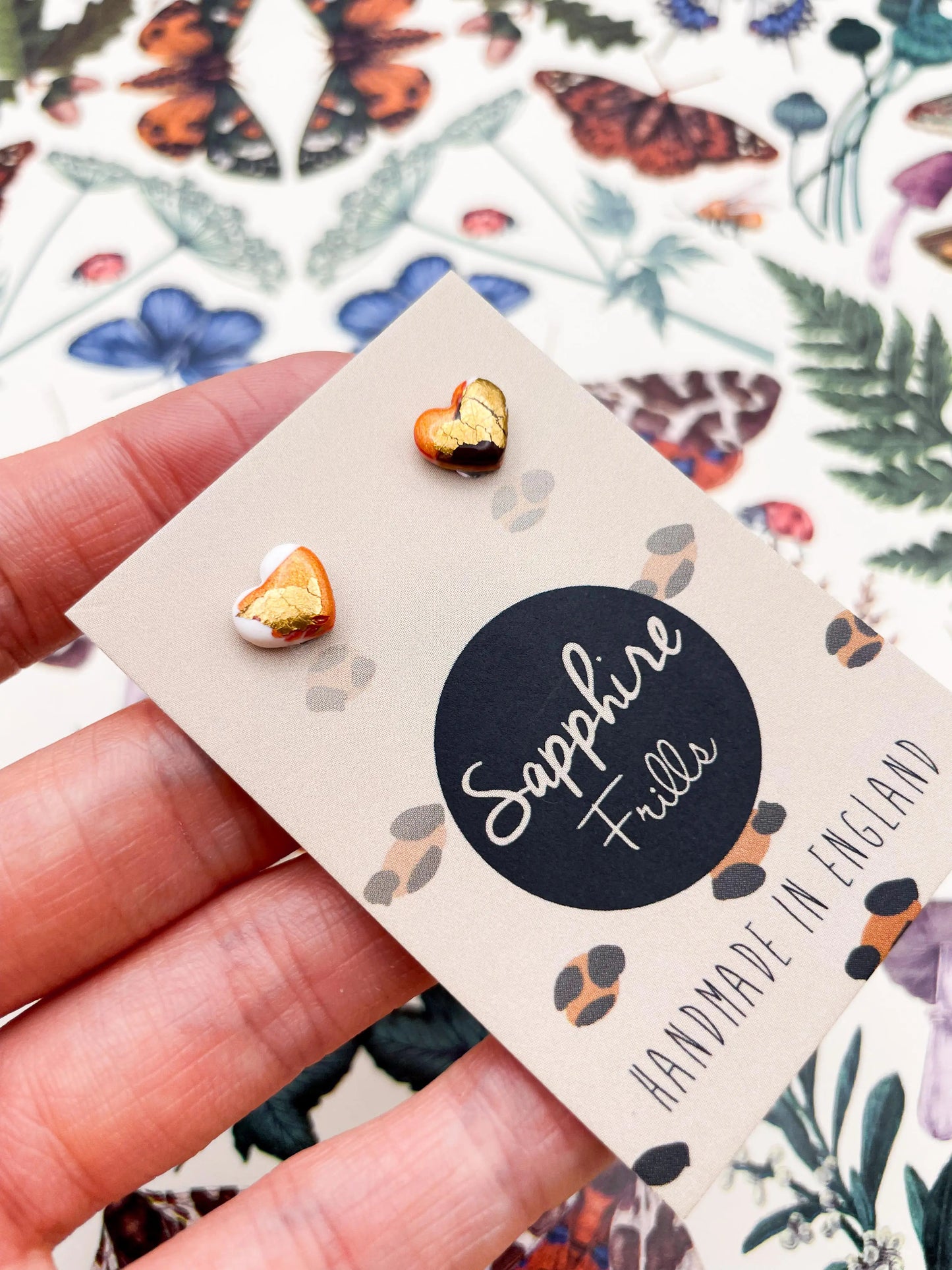 Mini Orange, Rust and Brown Smudge Print Heart Stud Earrings from Sapphire Frills