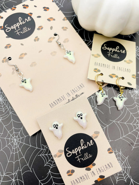 Mini White Fluorescent Glitter Ghost Earrings from Sapphire Frills