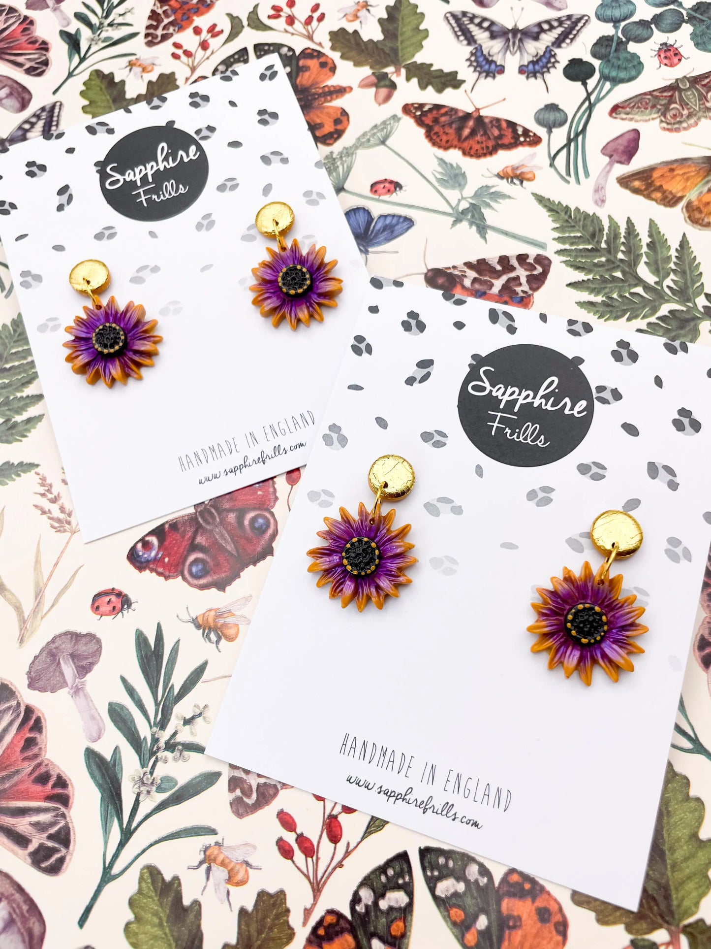 Mustard, Purple and Gold Foil African Daisy Dangle Earrings from Sapphire Frills