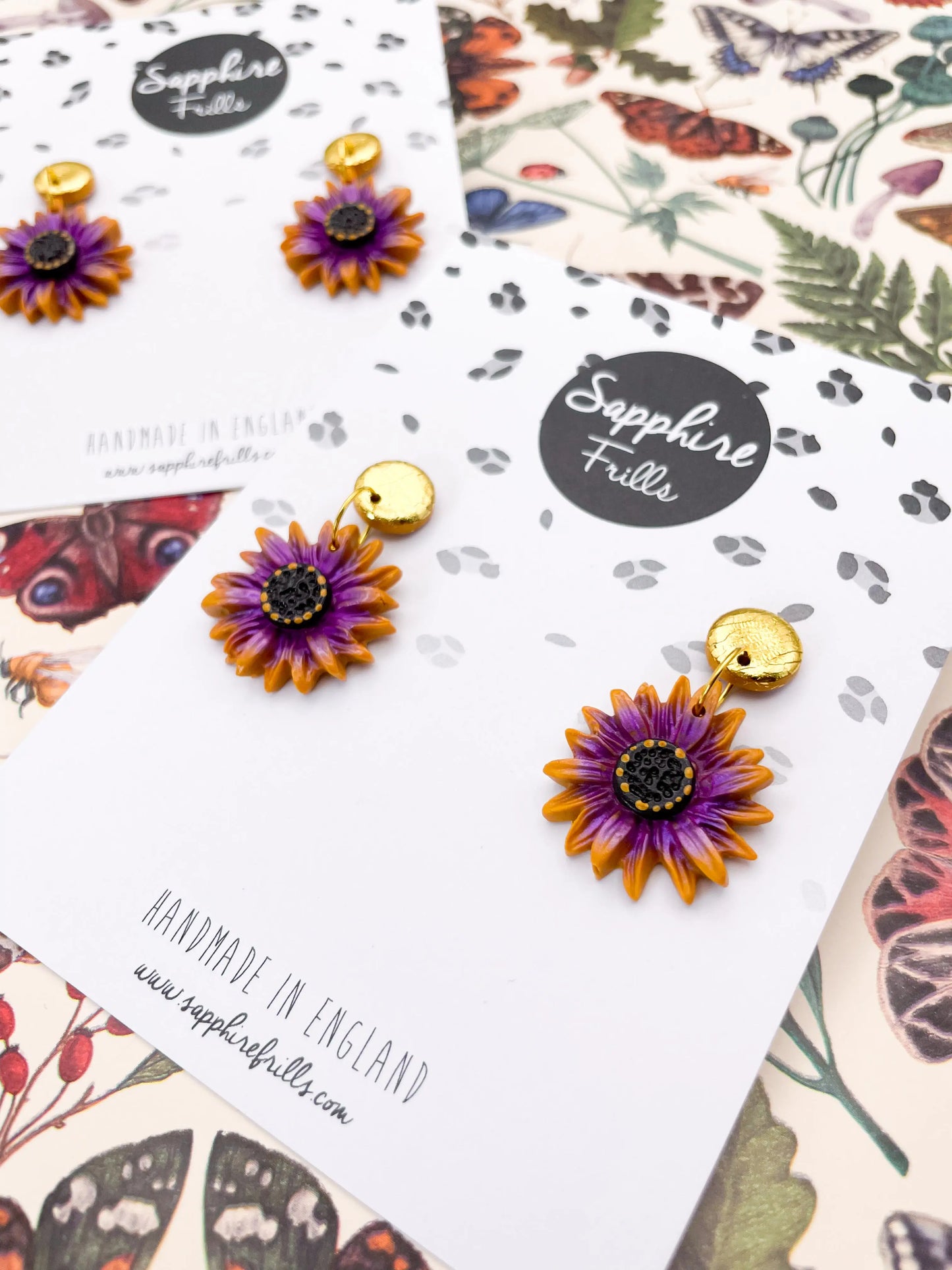 Mustard, Purple and Gold Foil African Daisy Dangle Earrings from Sapphire Frills