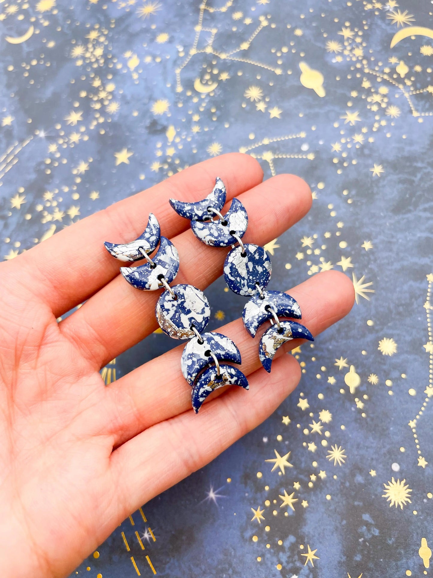 Navy and Silver Splatter Moon Phase Dangle Earrings from Sapphire Frills