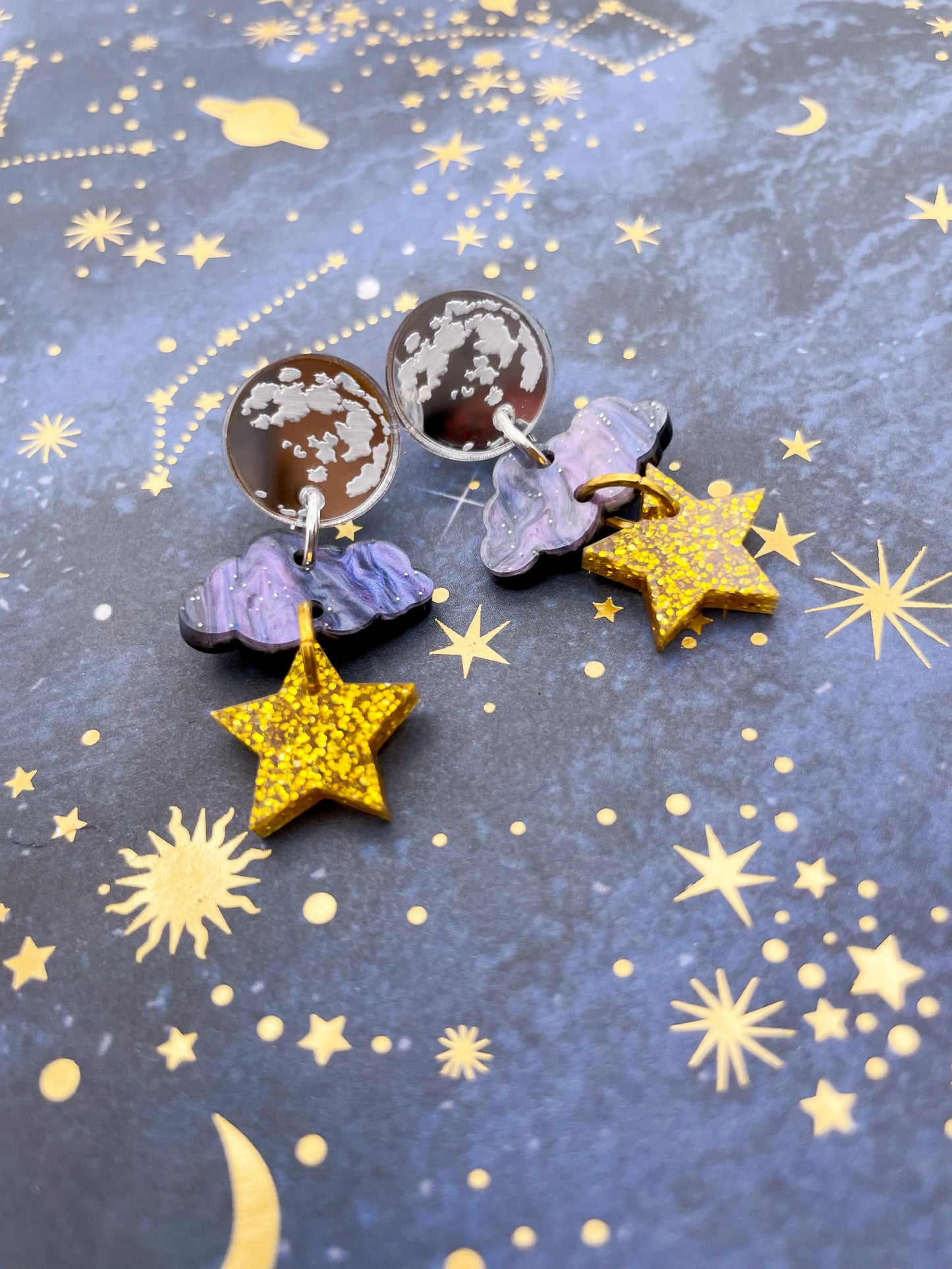 Night Sky Marble, Silver & Gold Glitter Acrylic Full Moon, Cloud and Star Dangle Earrings from Sapphire Frills