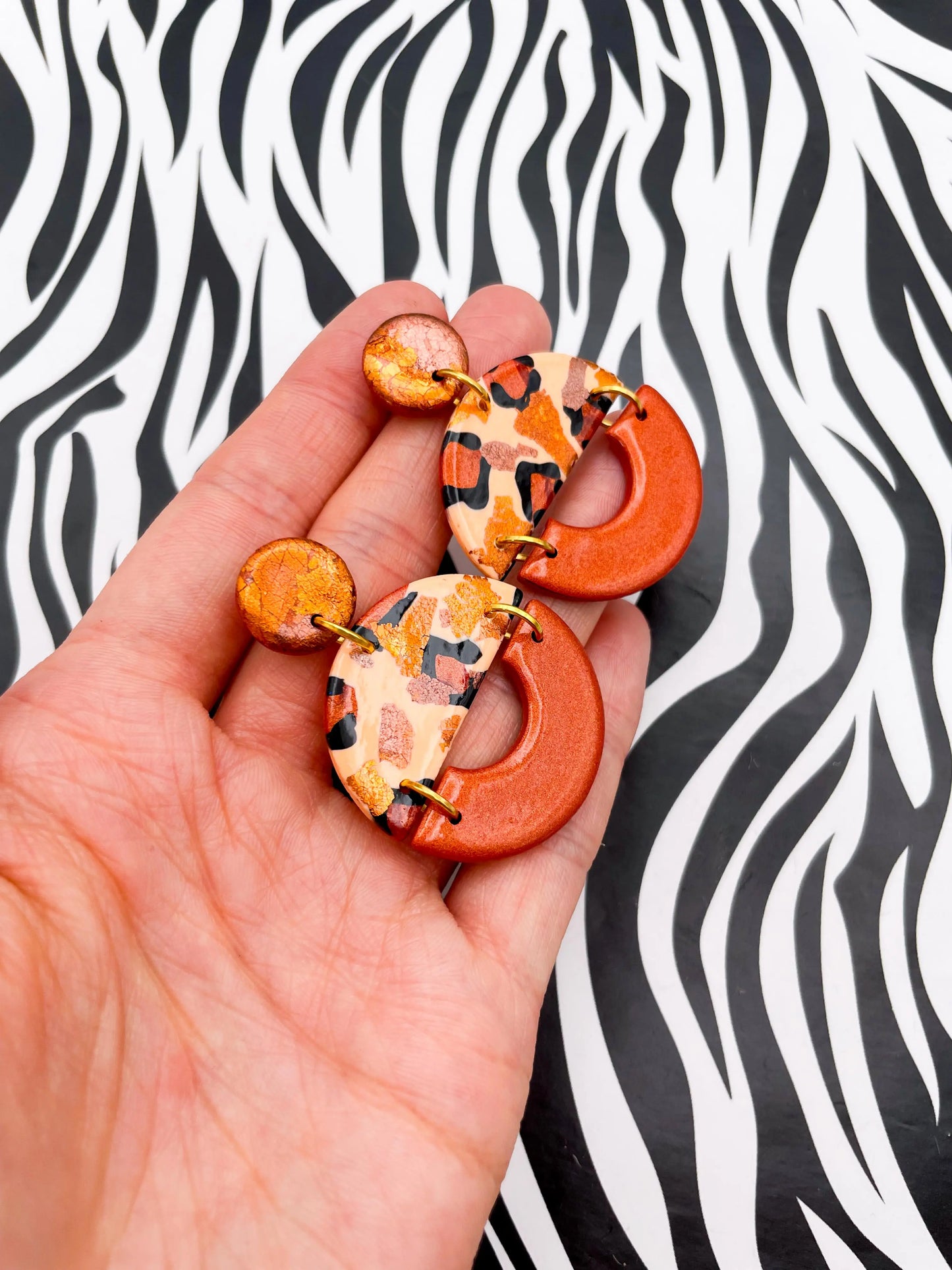 Peach and Copper Leopard Print with Autumn Foil Circle Dangle Earrings from Sapphire Frills