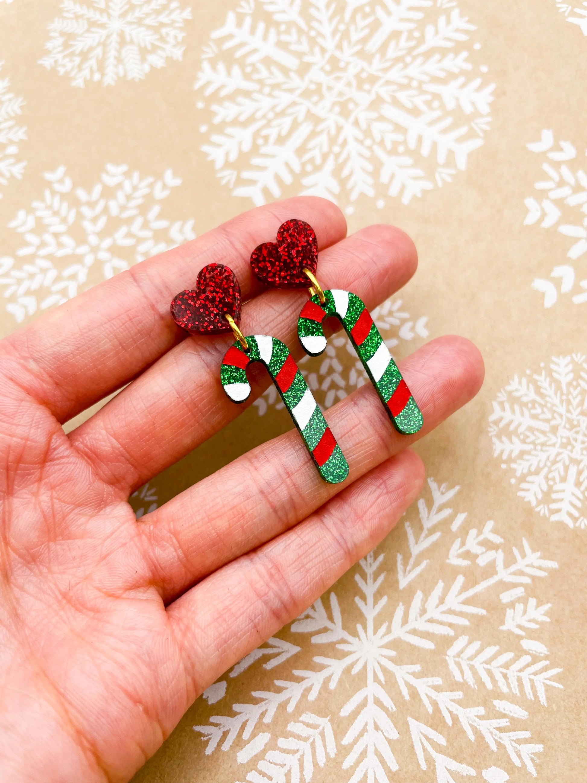 Red and Green Glitter Acrylic Heart and Candy Cane Dangle Earrings from Sapphire Frills