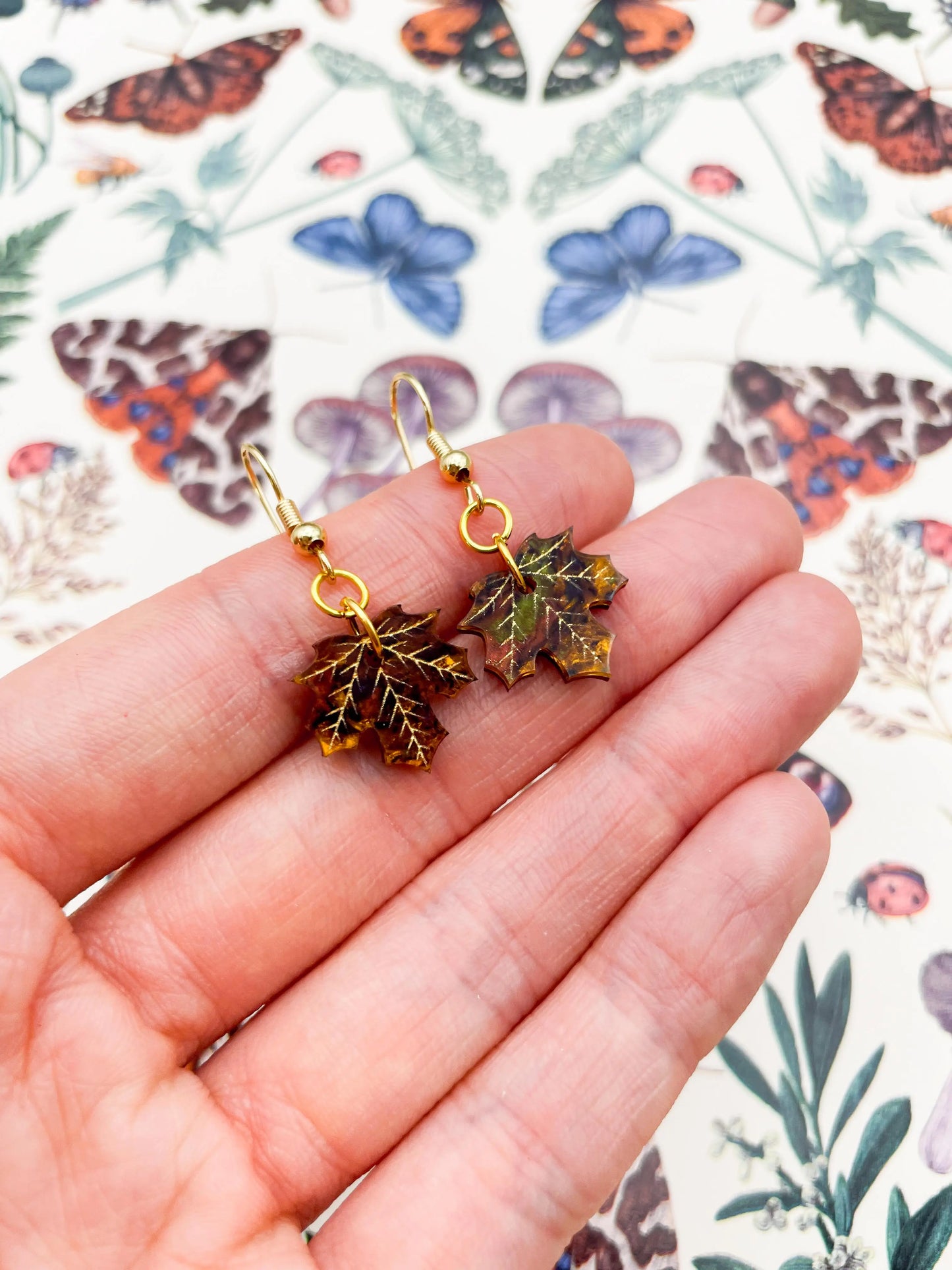 Small Autumn Marble Acrylic Maple Leaf Dangle Earrings from Sapphire Frills