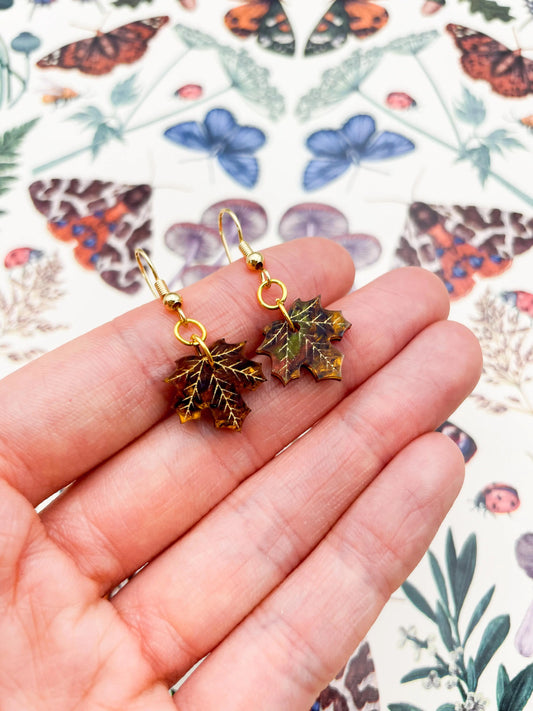 Small Autumn Marble Acrylic Maple Leaf Dangle Earrings from Sapphire Frills