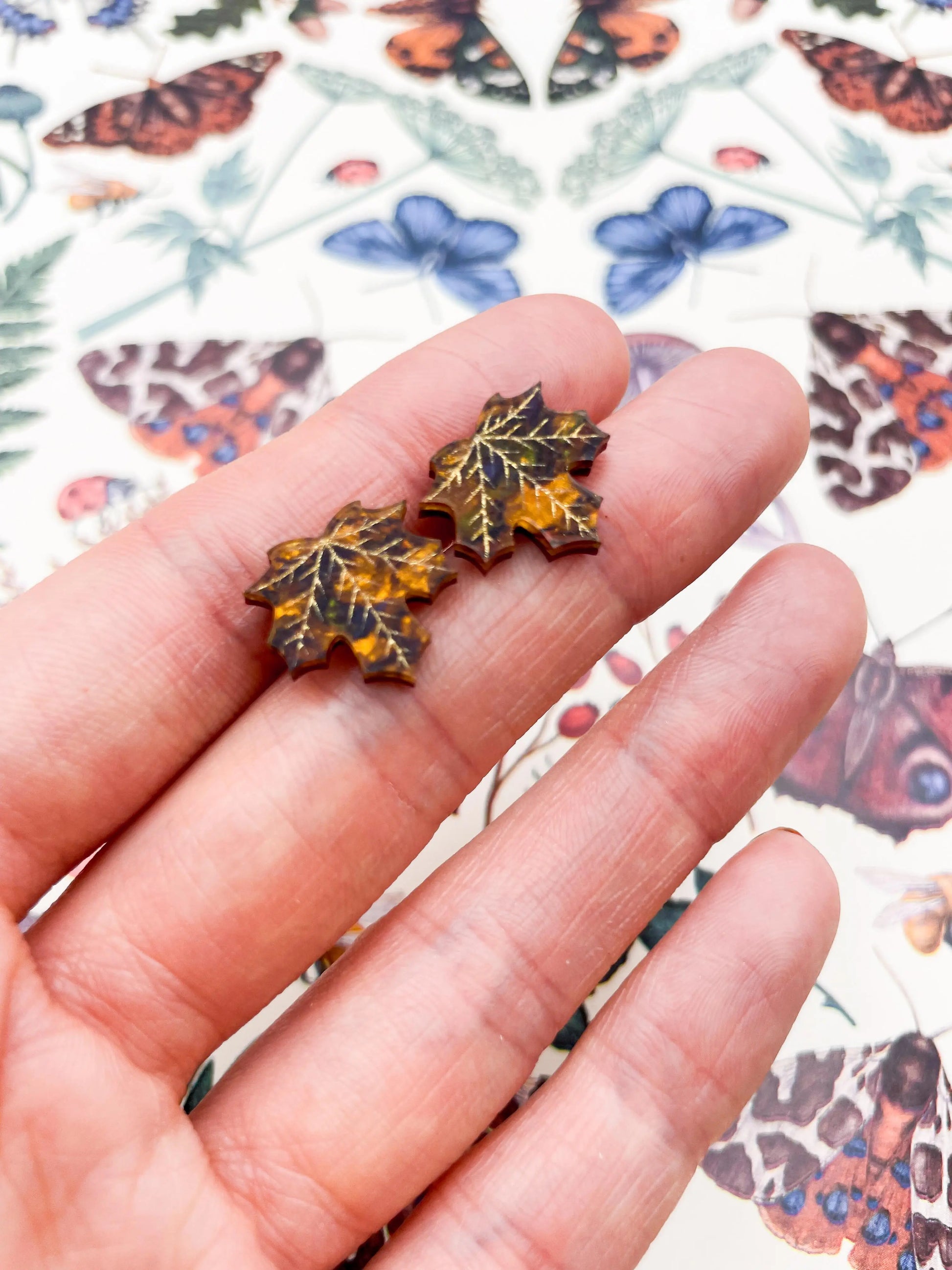 Small Autumn Marble Acrylic Maple Leaf Stud Earrings from Sapphire Frills