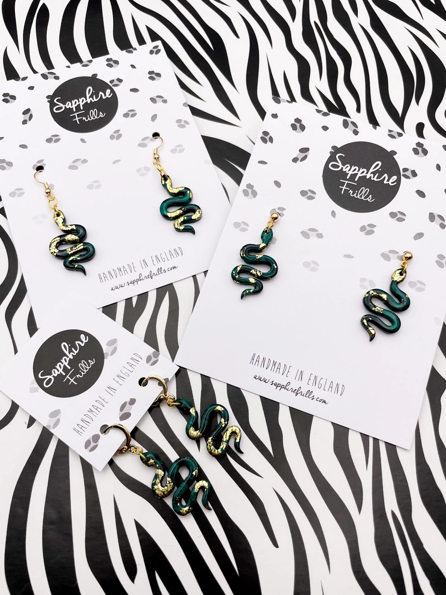 Small Emerald and Black Marble with Gold Foil Snake Dangle Earrings from Sapphire Frills