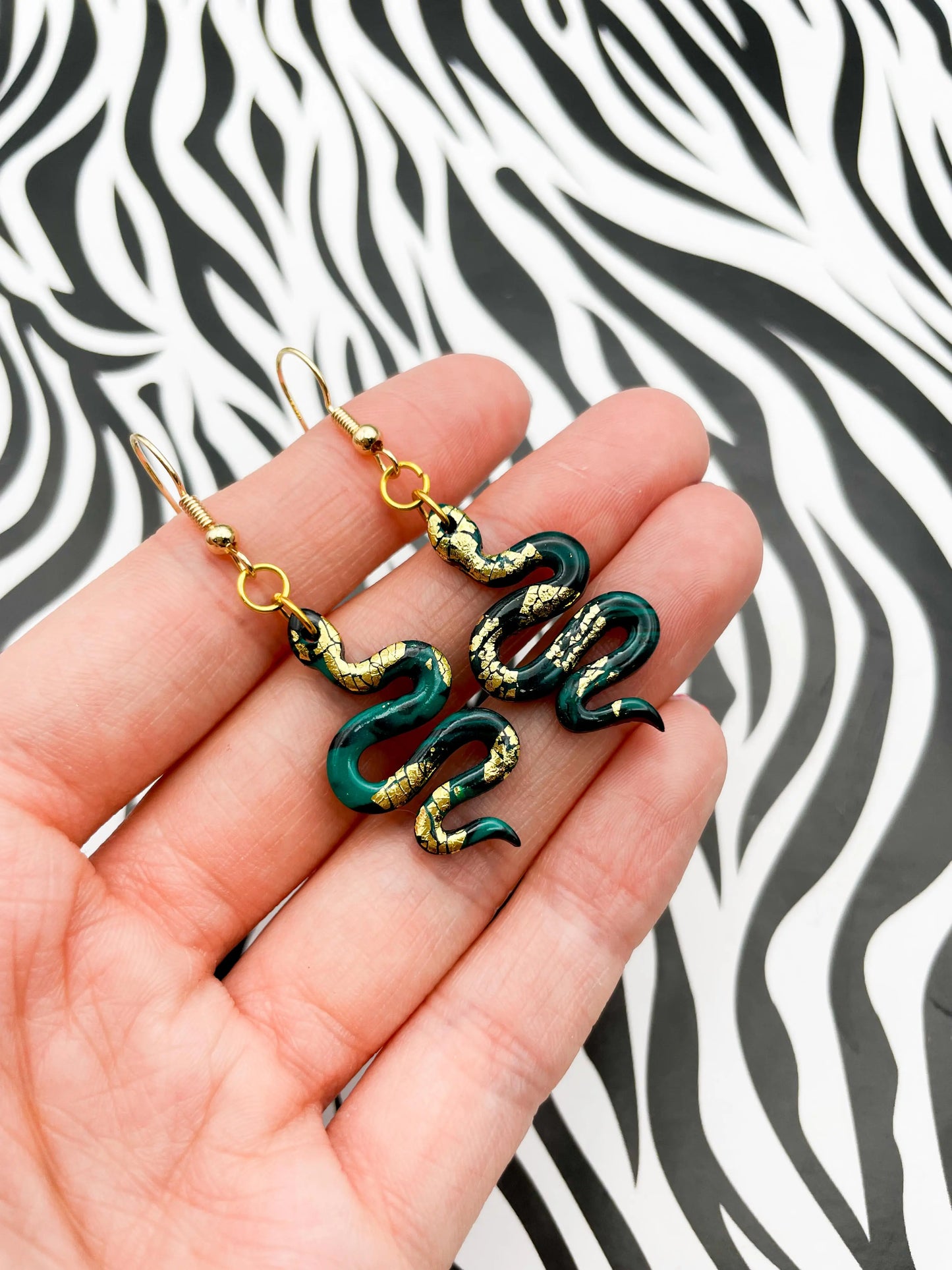 Small Emerald and Black Marble with Gold Foil Snake Dangle Earrings from Sapphire Frills