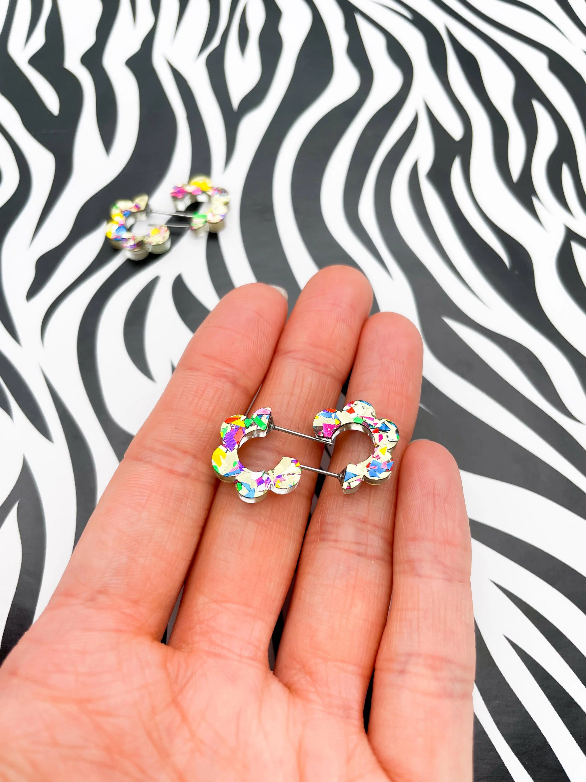Small Festival Rainbow Chunky Glitter Acrylic Flower Hoops from Sapphire Frills