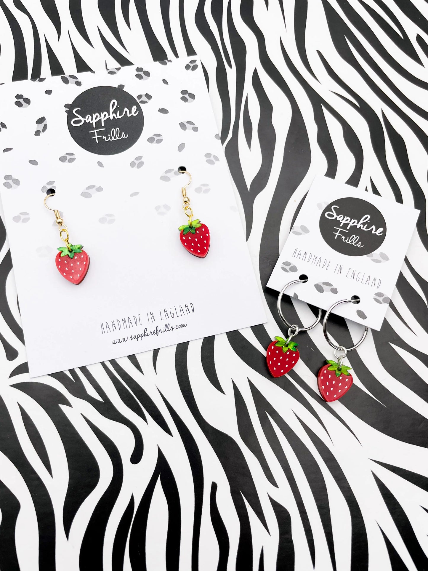 Small Green Glitter Marble and Red Gloss Acrylic Strawberry Dangle Earrings from Sapphire Frills