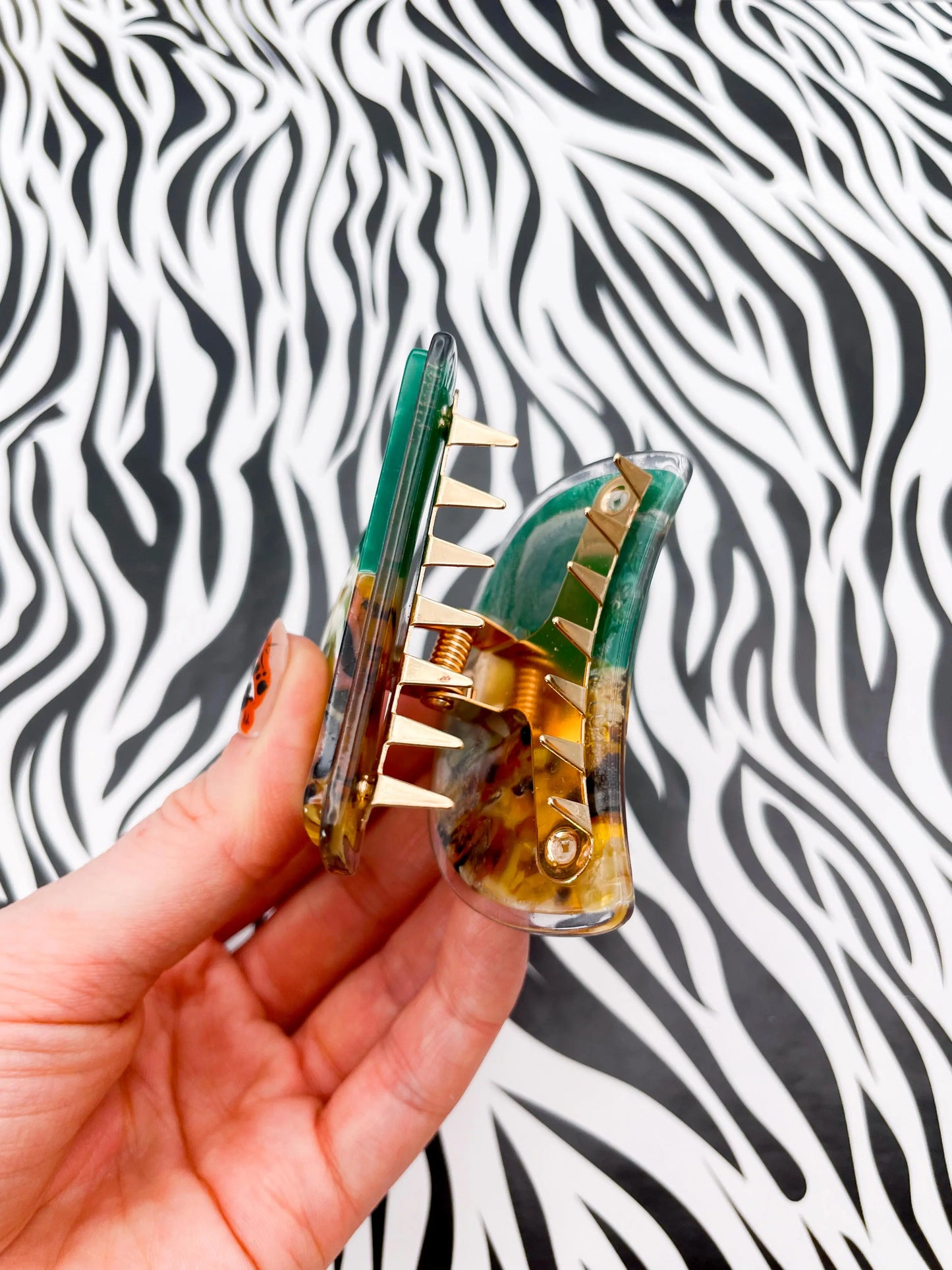 Small Green and Tortoise Shell Abstract Claw Hair Clip from Sapphire Frills