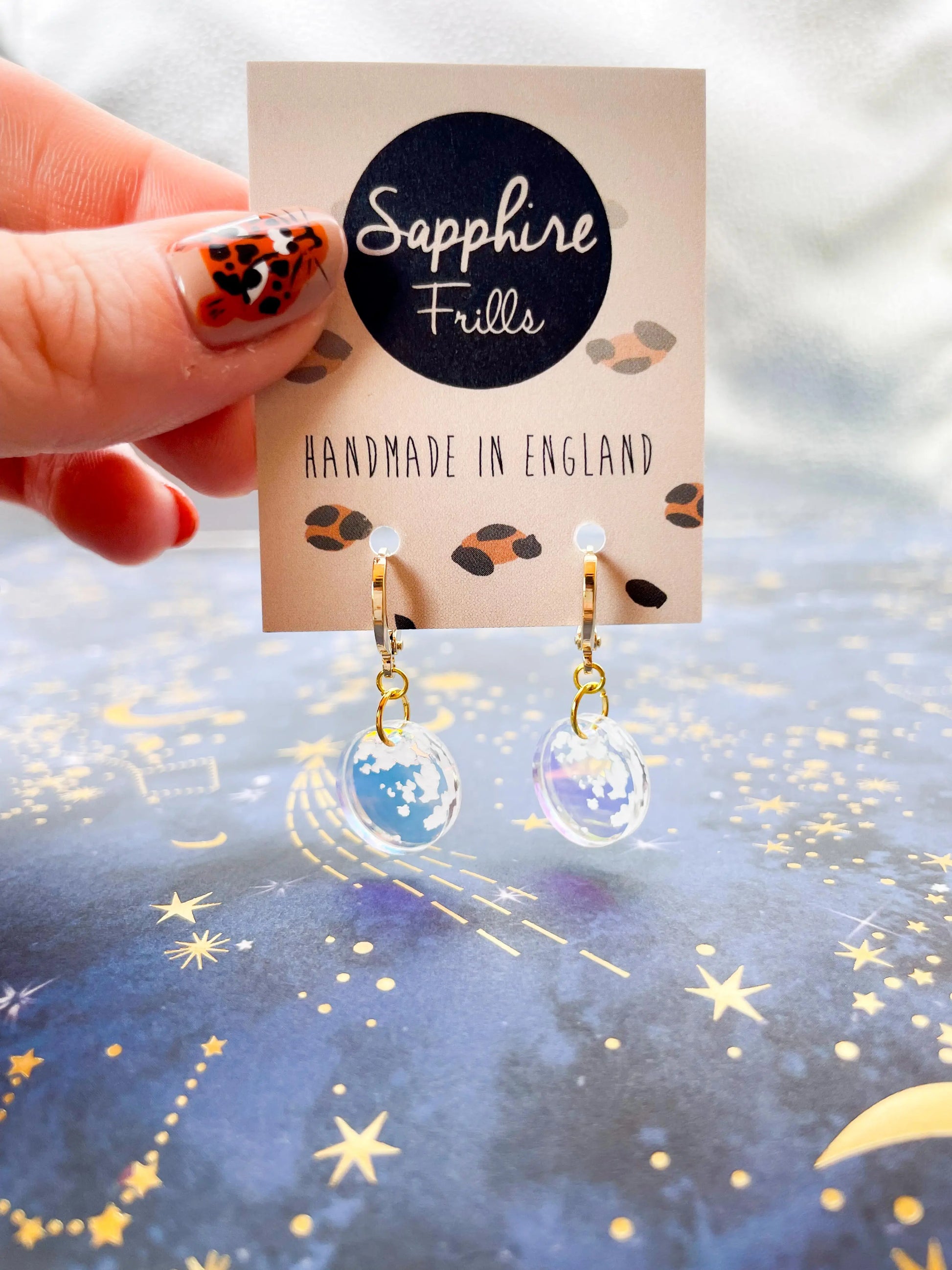 Small Iridescent Blue Acrylic Full Moon Dangle Earrings from Sapphire Frills