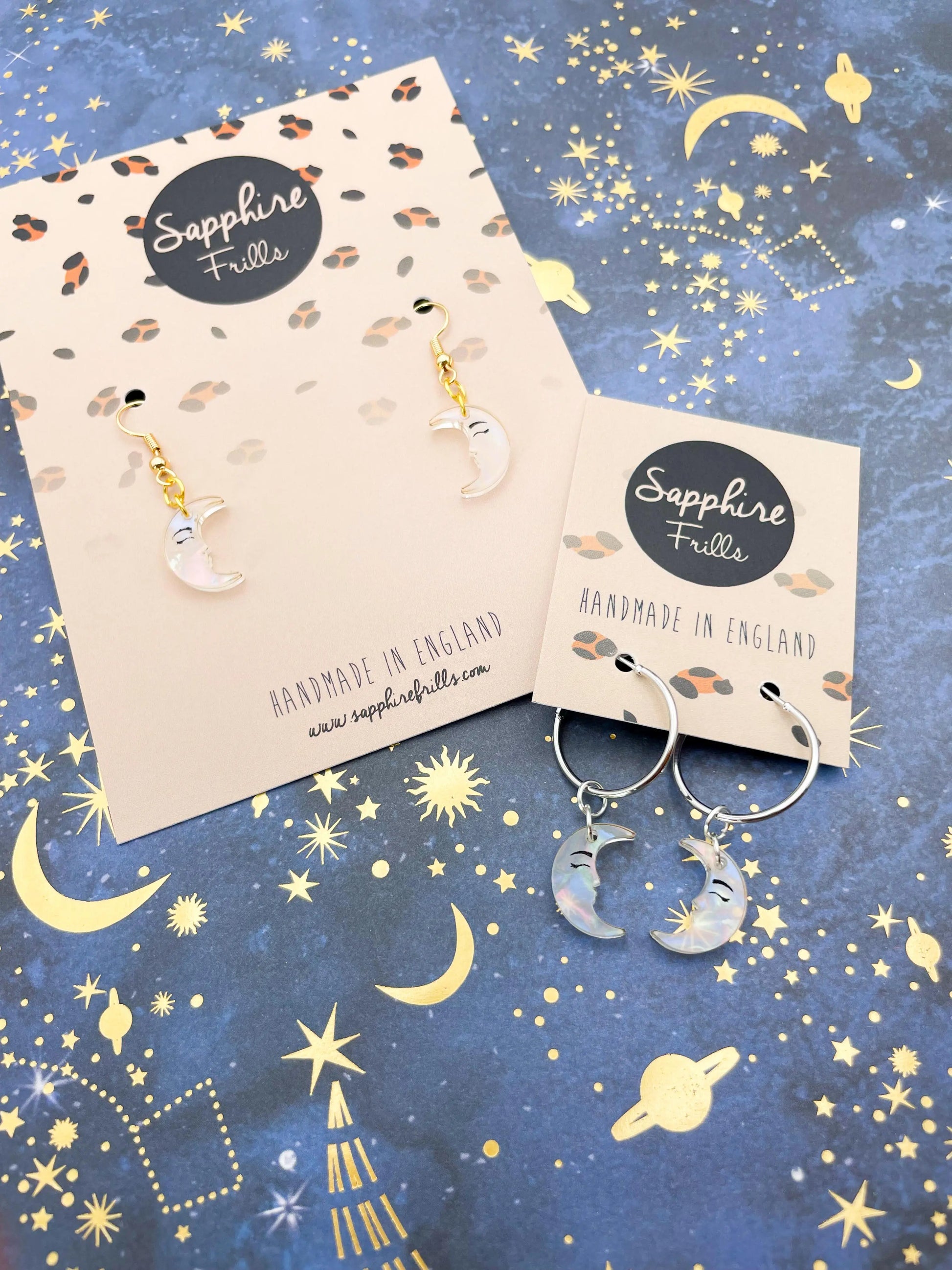 Small Iridescent Pearl Marble Acrylic Moon Face Dangle Earrings from Sapphire Frills