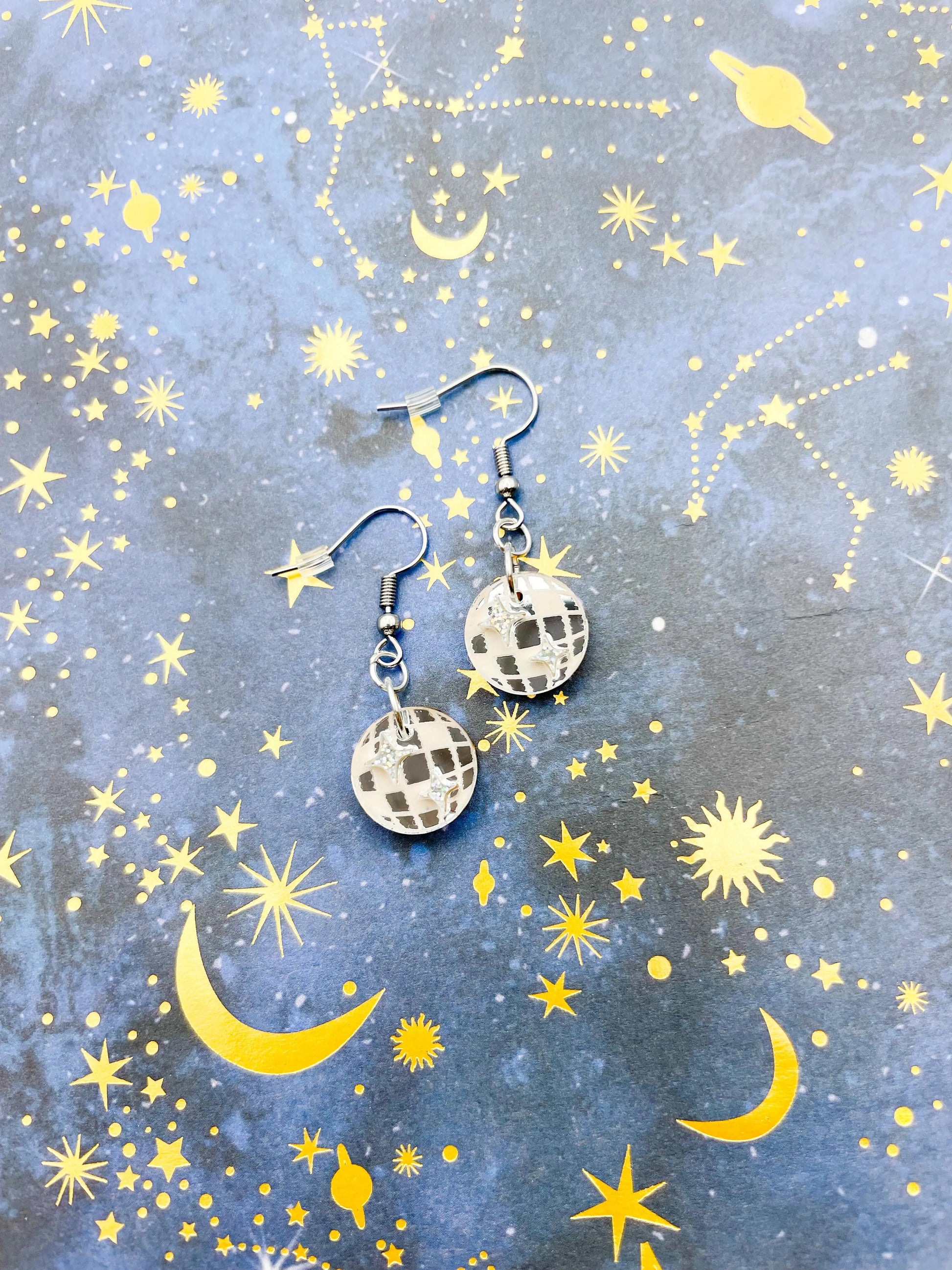 Small Silver Mirror and Holographic Silver Glitter Acrylic Disco Ball Dangle Earrings from Sapphire Frills