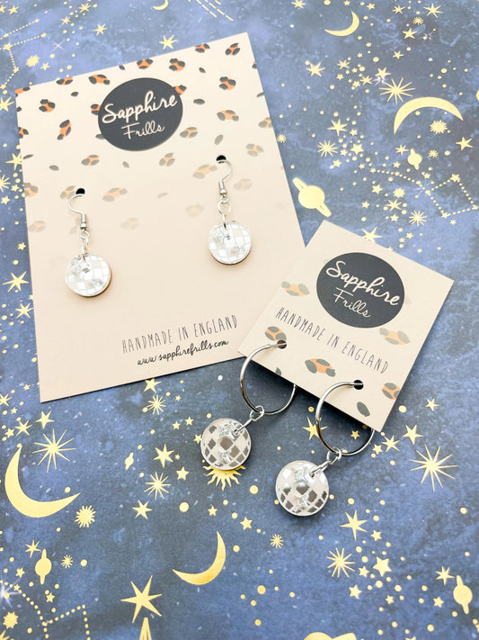 Small Silver Mirror and Holographic Silver Glitter Acrylic Disco Ball Dangle Earrings from Sapphire Frills