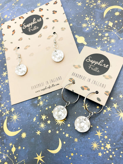 Small Silver Mirror and Holographic Silver Glitter Acrylic Disco Ball Dangle Earrings from Sapphire Frills