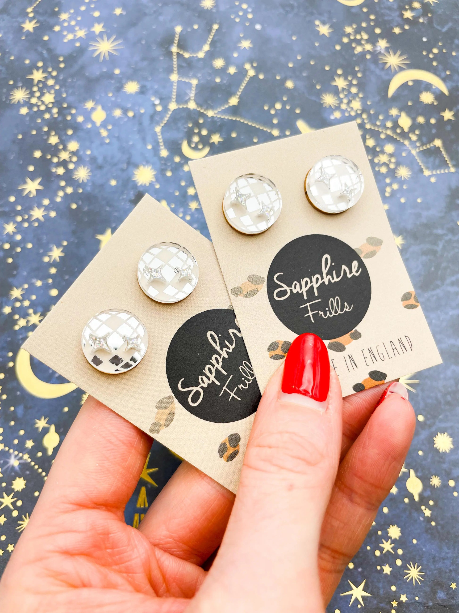 Small Silver Mirror and Holographic Silver Glitter Acrylic Disco Ball Stud Earrings from Sapphire Frills