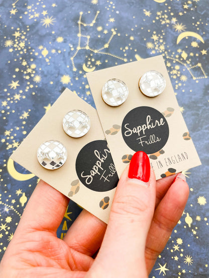 Small Silver Mirror and Holographic Silver Glitter Acrylic Disco Ball Stud Earrings from Sapphire Frills