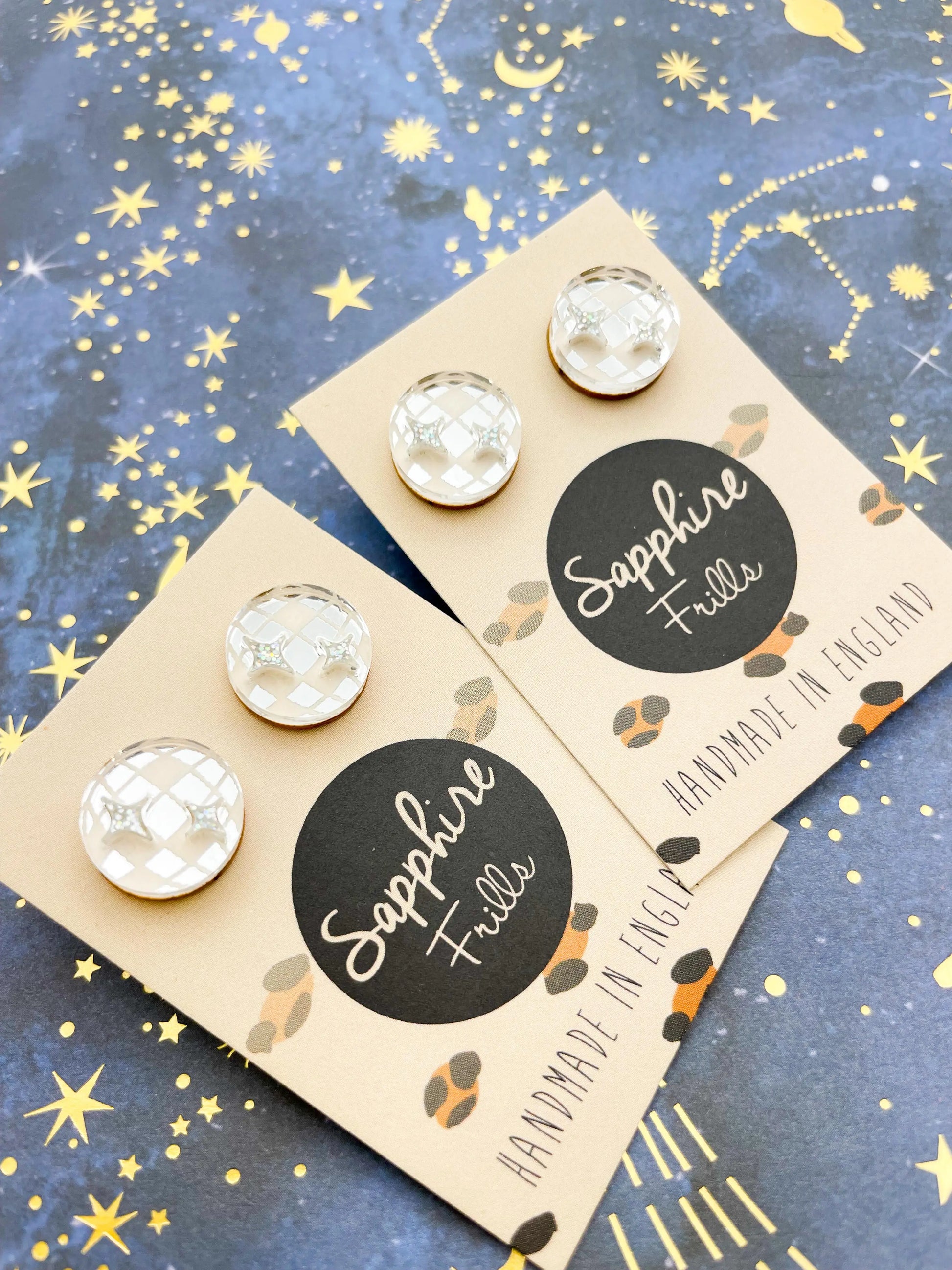 Small Silver Mirror and Holographic Silver Glitter Acrylic Disco Ball Stud Earrings from Sapphire Frills