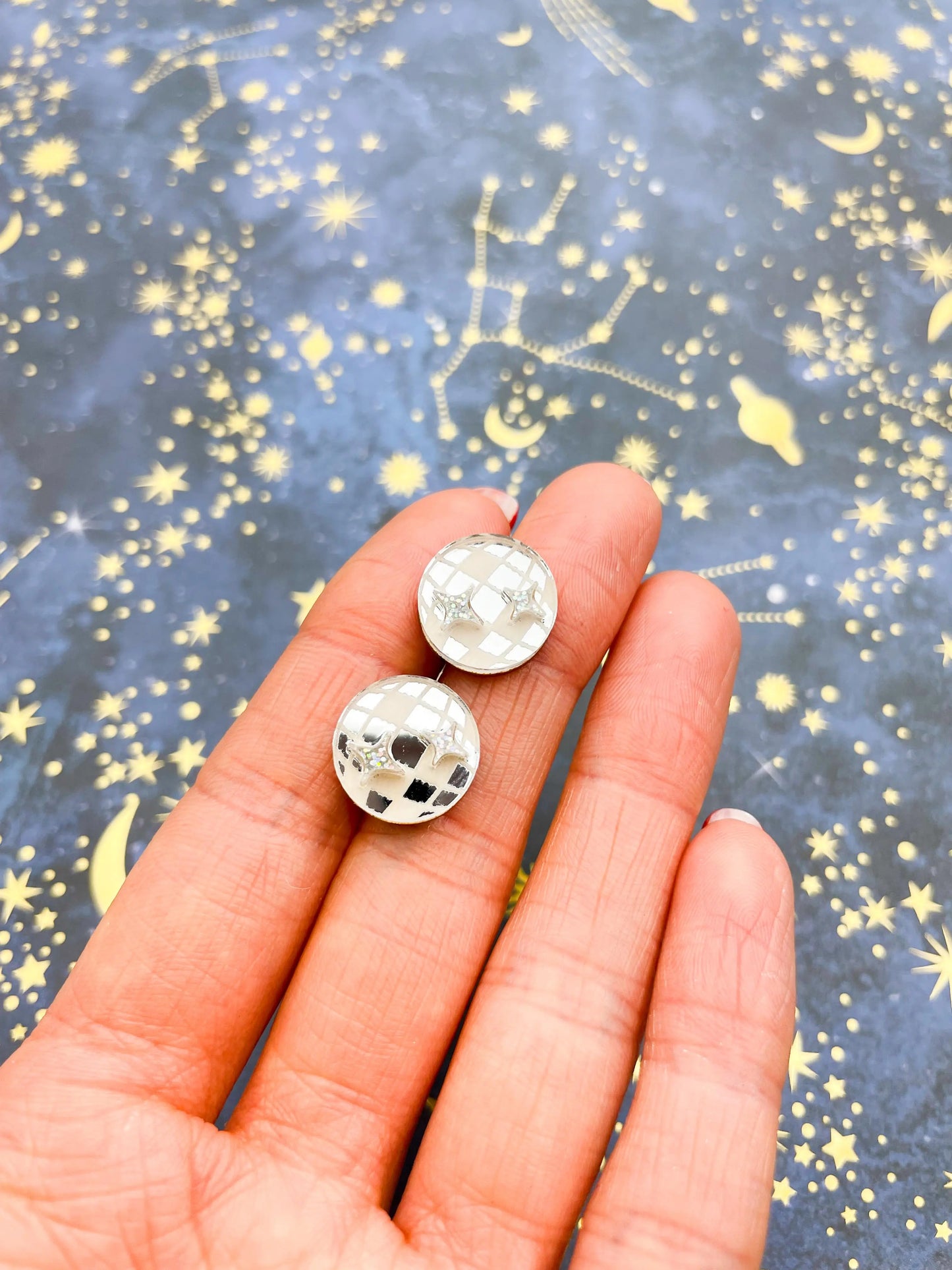Small Silver Mirror and Holographic Silver Glitter Acrylic Disco Ball Stud Earrings from Sapphire Frills
