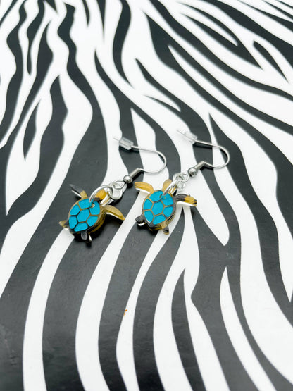 Small Turquoise and Tortoise Shell Acrylic Turtle Dangle Earrings from Sapphire Frills
