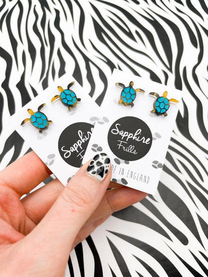Small Turquoise and Tortoise Shell Acrylic Turtle Studs from Sapphire Frills